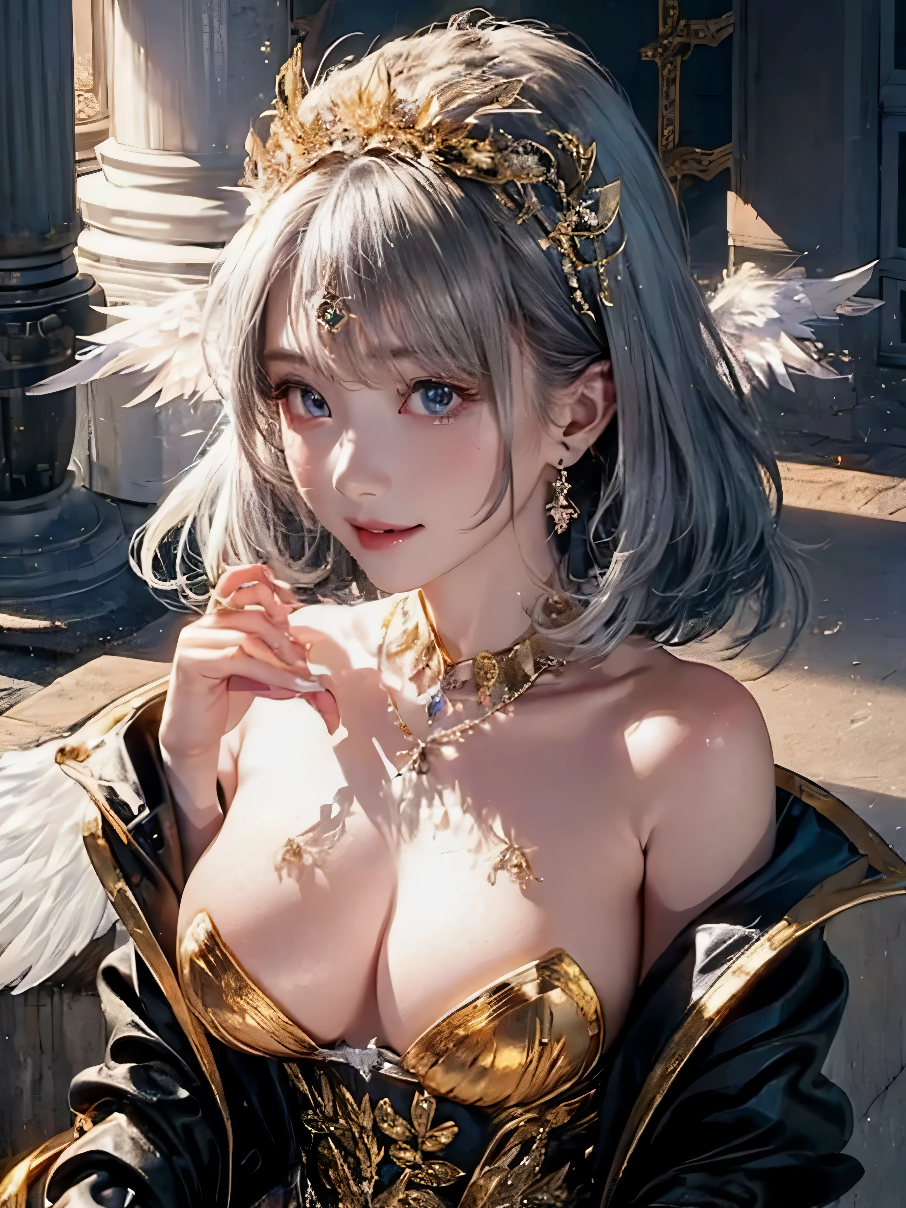 face is in front、look at the camera、profile、8K、real photos、ultra high resolution, master parts, highest quality, ticker , cinematic images,nice girl、Ann、、Annグロサクソン、double eyelid、droopy eyes、very big eyes、eyes are purple、dark eye shadow、lips are very thin、long nose.、nostrils are very small, very detailed , silver hair、straight short hair、smile、 sweet expression 、)、very clear shadows , jewelry , fine eyes, extremely difficult, shiny skin , パーフェクトブリリAnnト, perfect sentence, dramatic shadow、white tiara on head、gold necklace around the neck、White aristocratic dress with gold embroidery、glass high heels、angel wings