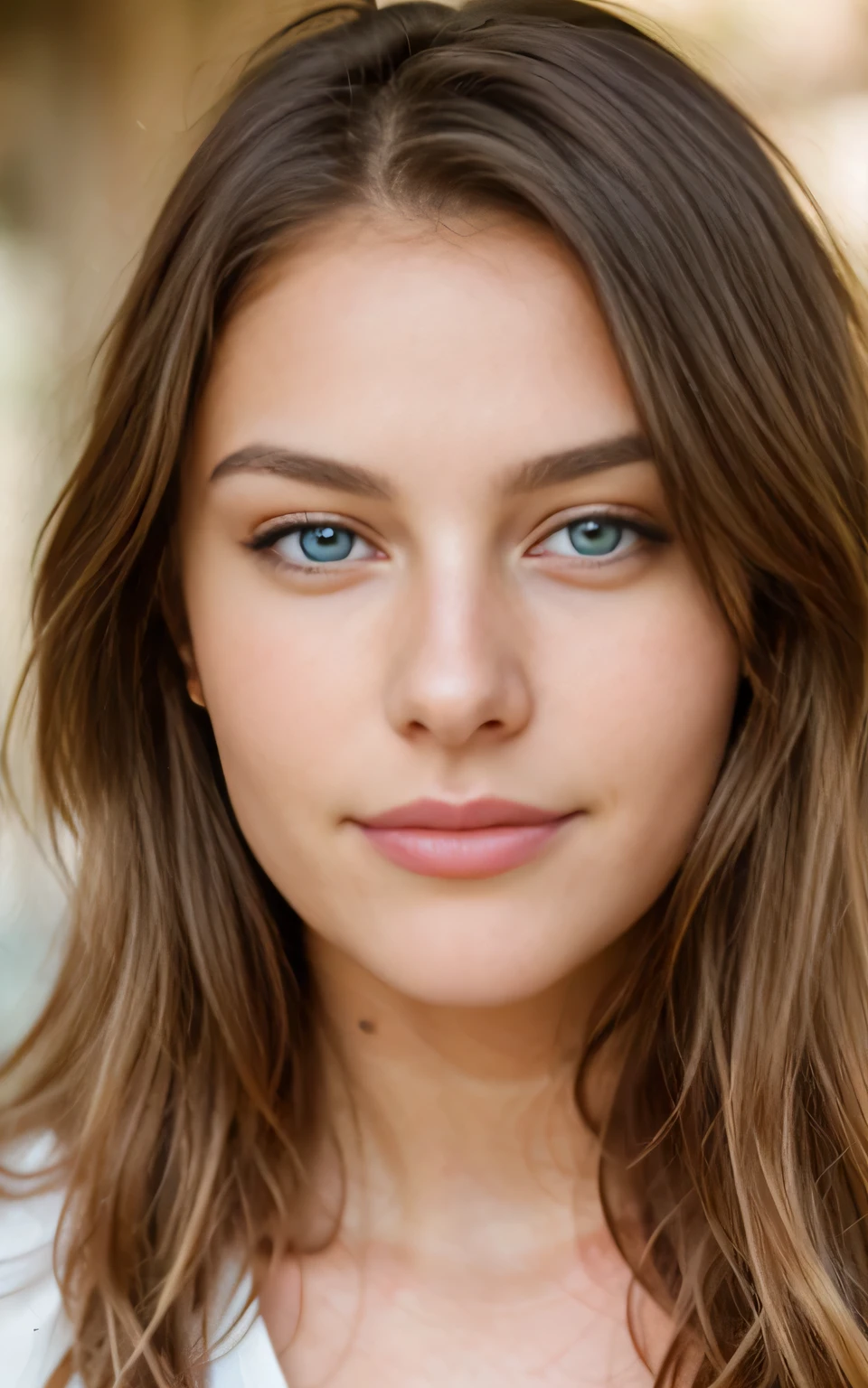 Un gros plan, (vue de face) (portrait frontal) d'une belle femme de 21 ans au visage innocent, avec des cheveux blonds ondulés naturels et des yeux bleus. L'image capture son charmant sourire en ultra haute résolution, mettant en valeur des détails complexes tels qu'une mise au point nette, Texture de peau détaillée, et des textures oculaires réalistes, semblable à un chef-d'œuvre photographié avec un objectif 85 mm à faible profondeur de champ, rappelle la qualité des couleurs de Kodak Vision. La composition met l'accent sur les détails extrêmes, Photoréalisme, et post-traitement pour une précision maximale, rugosité, La vraie vie, ultra-réaliste, photo-réalisme, la photographie, en 8K UHD, la photographie