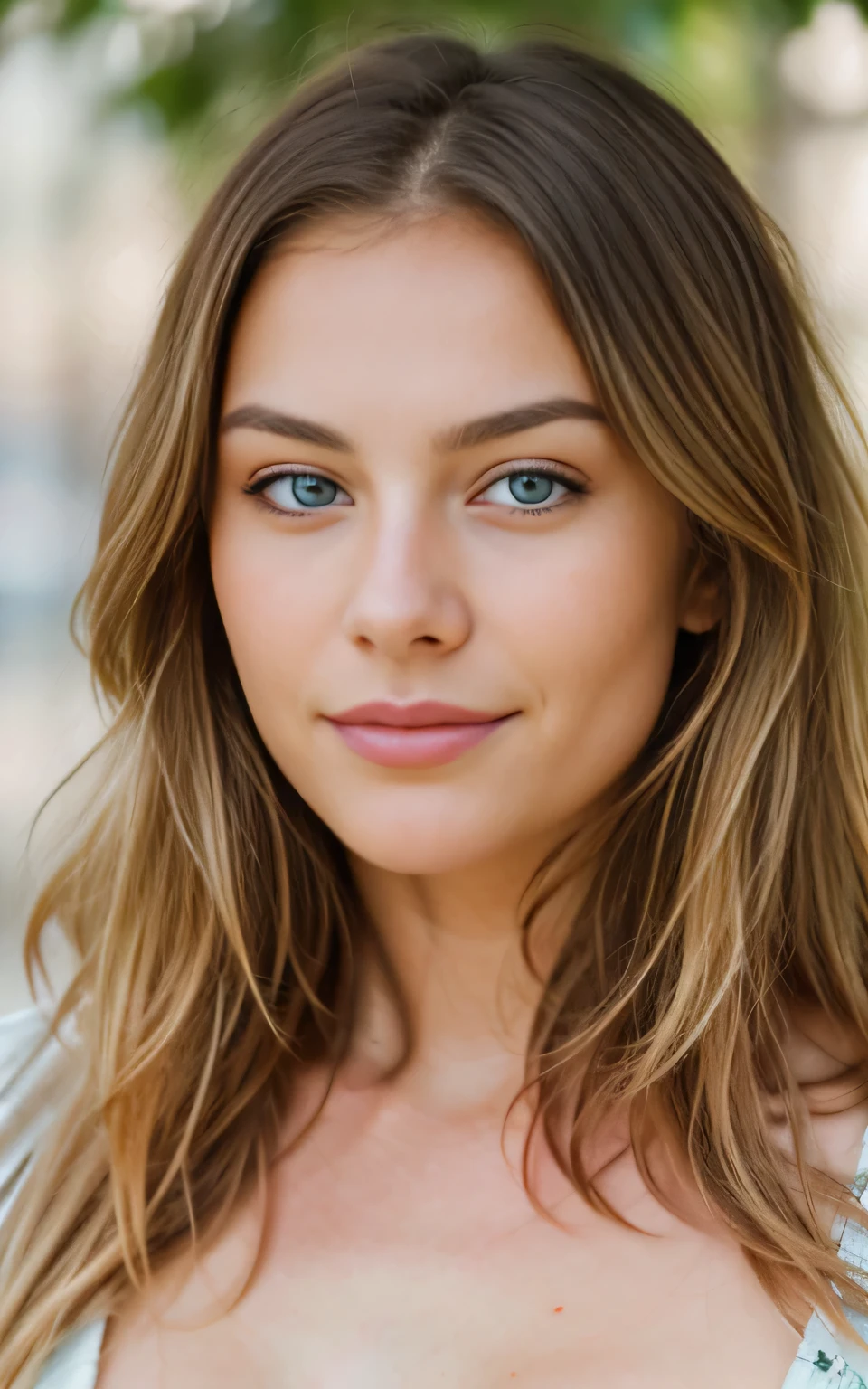 Un gros plan, (vue de face) (portrait frontal) d'une belle femme de 21 ans au visage innocent, avec des cheveux blonds ondulés naturels et des yeux bleus. L'image capture son charmant sourire en ultra haute résolution, mettant en valeur des détails complexes tels qu'une mise au point nette, Texture de peau détaillée, et des textures oculaires réalistes, semblable à un chef-d'œuvre photographié avec un objectif 85 mm à faible profondeur de champ, rappelle la qualité des couleurs de Kodak Vision. La composition met l'accent sur les détails extrêmes, Photoréalisme, et post-traitement pour une précision maximale, rugosité, La vraie vie, ultra-réaliste, photo-réalisme, la photographie, en 8K UHD, la photographie