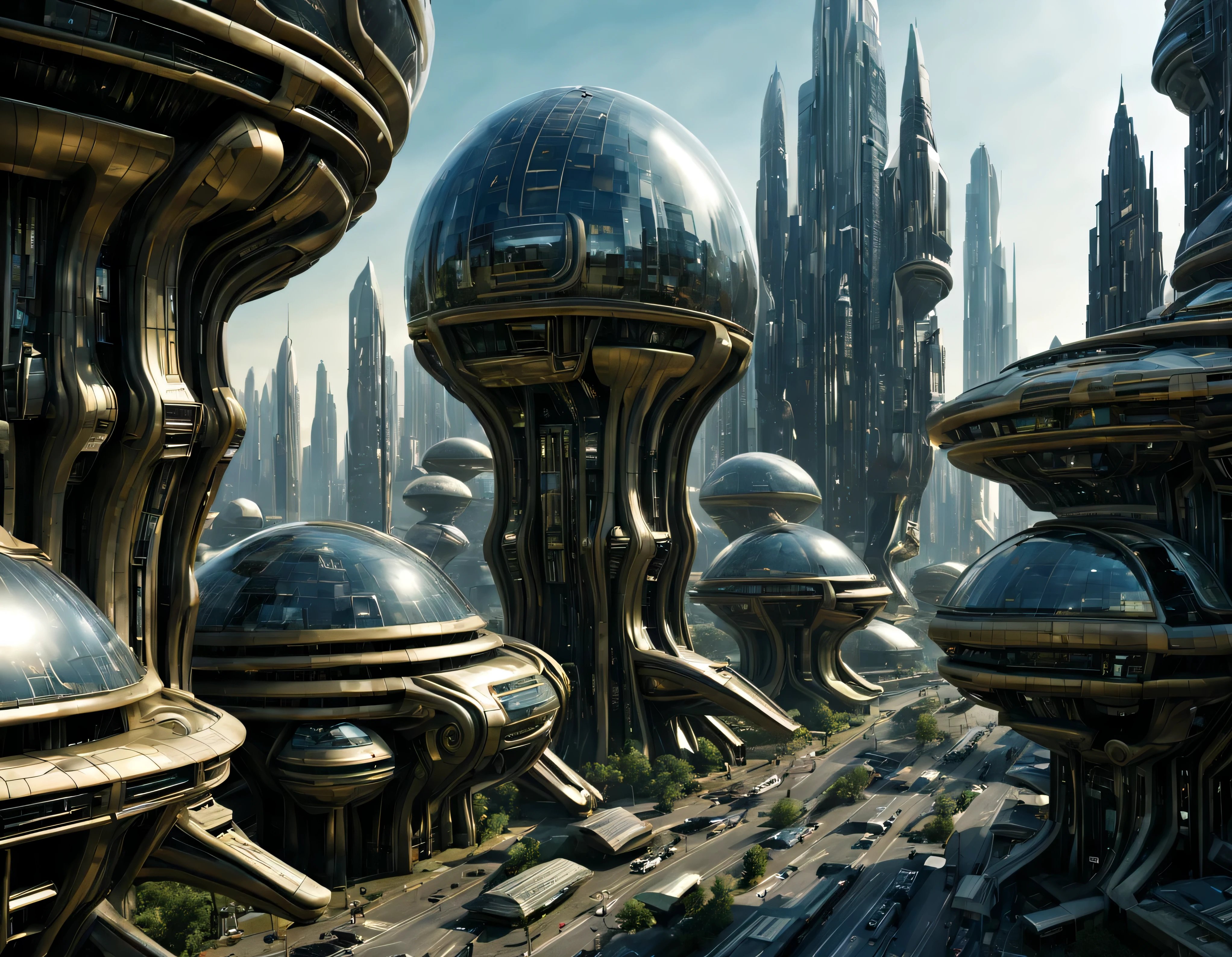 street of an extraterrestrial alien city with futuristic and technological architecture in its metal and glass conglomerado de buildings, donde predomina el oro, la plata y el bronce, some aliens walking around, ventanas iluminadas, all full of imagination, science fiction and (intrincados detalles de la maquina).imagen fotorrealista, Maximum sharpness, calidad 8k.(obra maestra de calidad superior). 3D.