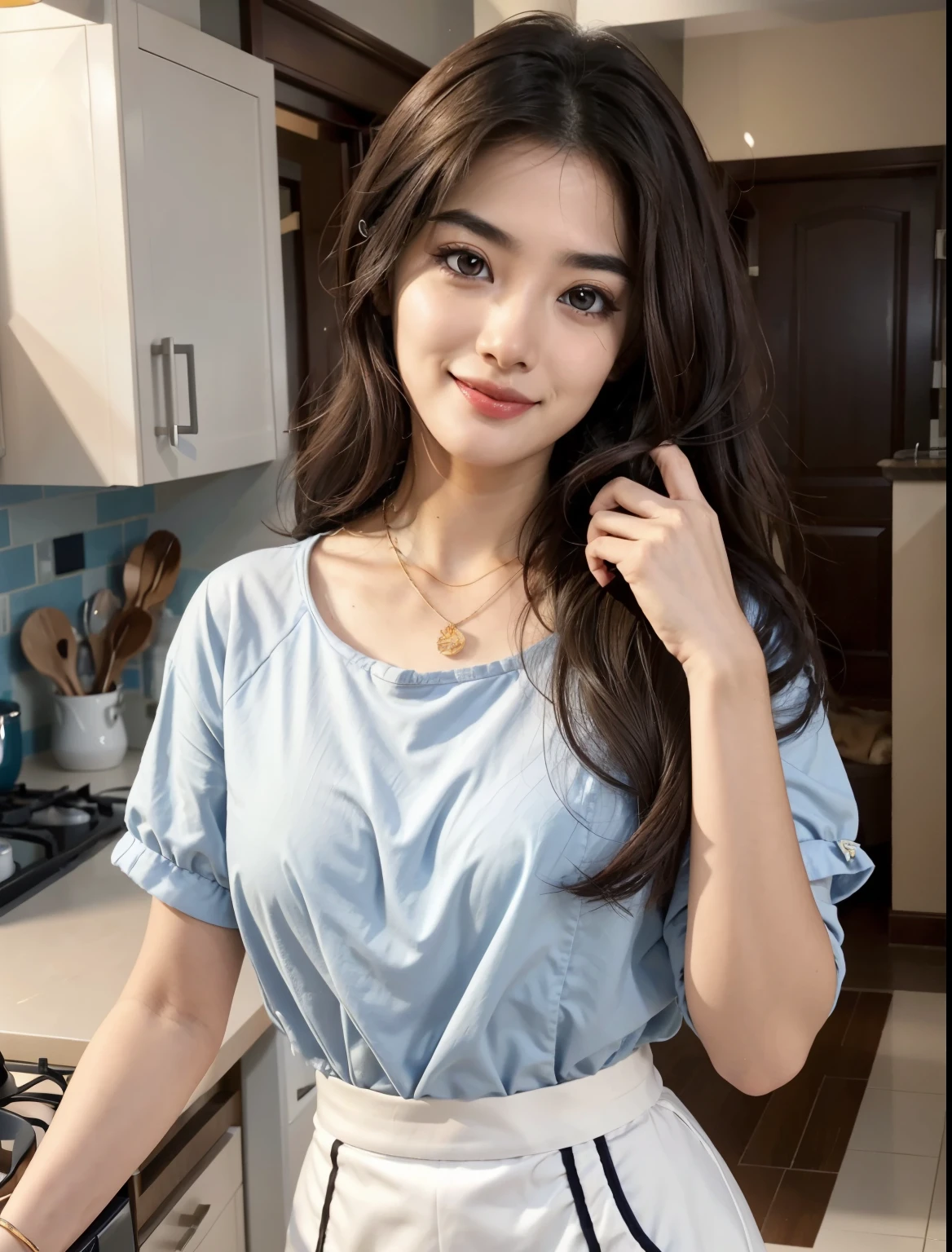 raw, analog style, Beautifully, best quality, Ultra-detailed, fine detail, Wide-angle lens, rich and colorful, (Perfect body, perfect face), 详细whole body, (beautiful 30 years old Lovely malaysia girl: 1.3), soft lips, (light eyebrows: 1.4), 1 female, 30 years old, focus only, skinny, brown skin, soft lips, ( light eyebrows: 1.4), Shiny brown eyes, Long wavy black hair, hairpin, medium bust, 精致的modern furniture, flowing hair(Circle hair), beautiful and Beautifully eyes, powder blue skirt, Smile, best quality, ultra high resolution, (realism: 1.4), hyperrealism, 1 girl, Smile, Lovely, whole body, C cup, small breasts, covered breast, Lovely charming round face, Very detailed, Beautifully collarbone, sapphire necklace, charming figure, Light blue girl's dress, Smile, at home kitchen, White cabinets, modern home, modern furniture, There are red wine glasses on the table, playful gesture