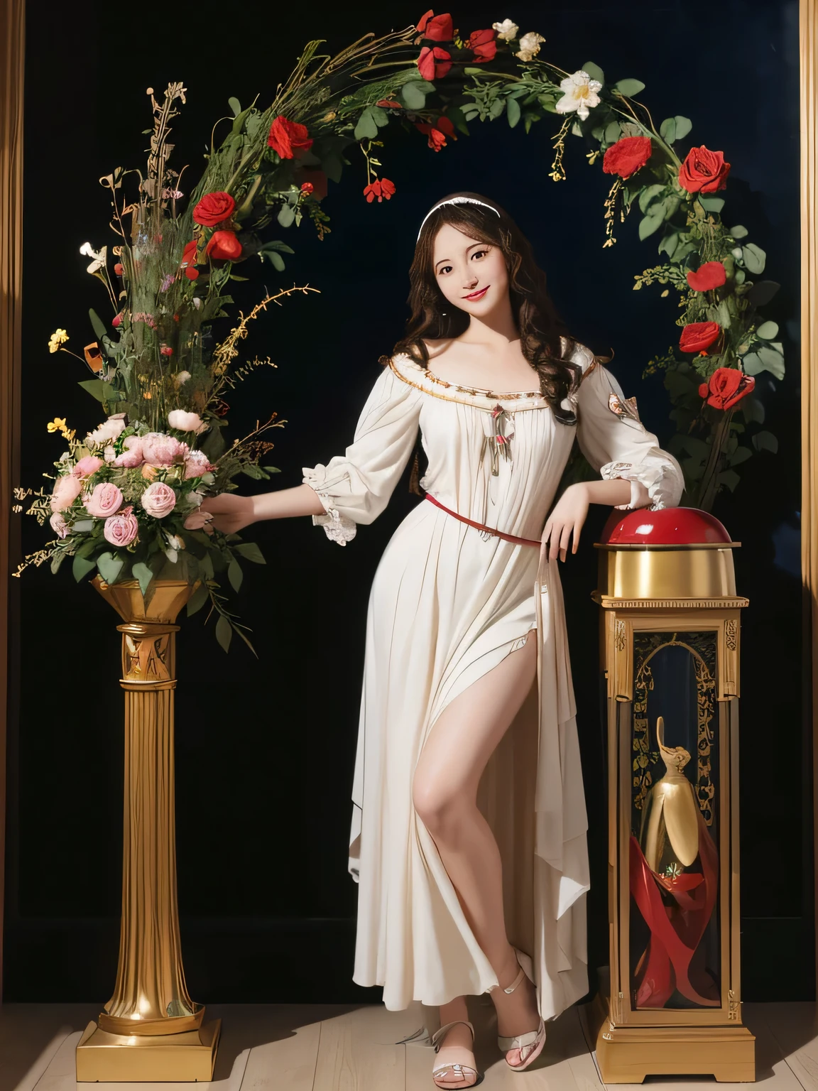 full body portrait or statue、Stained glass、Vigée Leblanc style、math、astronomical machine、astronaut、roses in vase、fruits、Cute trinkets、smile、ancient greek costume、Sandro Botticelli paintings、Costume that stretches your body 