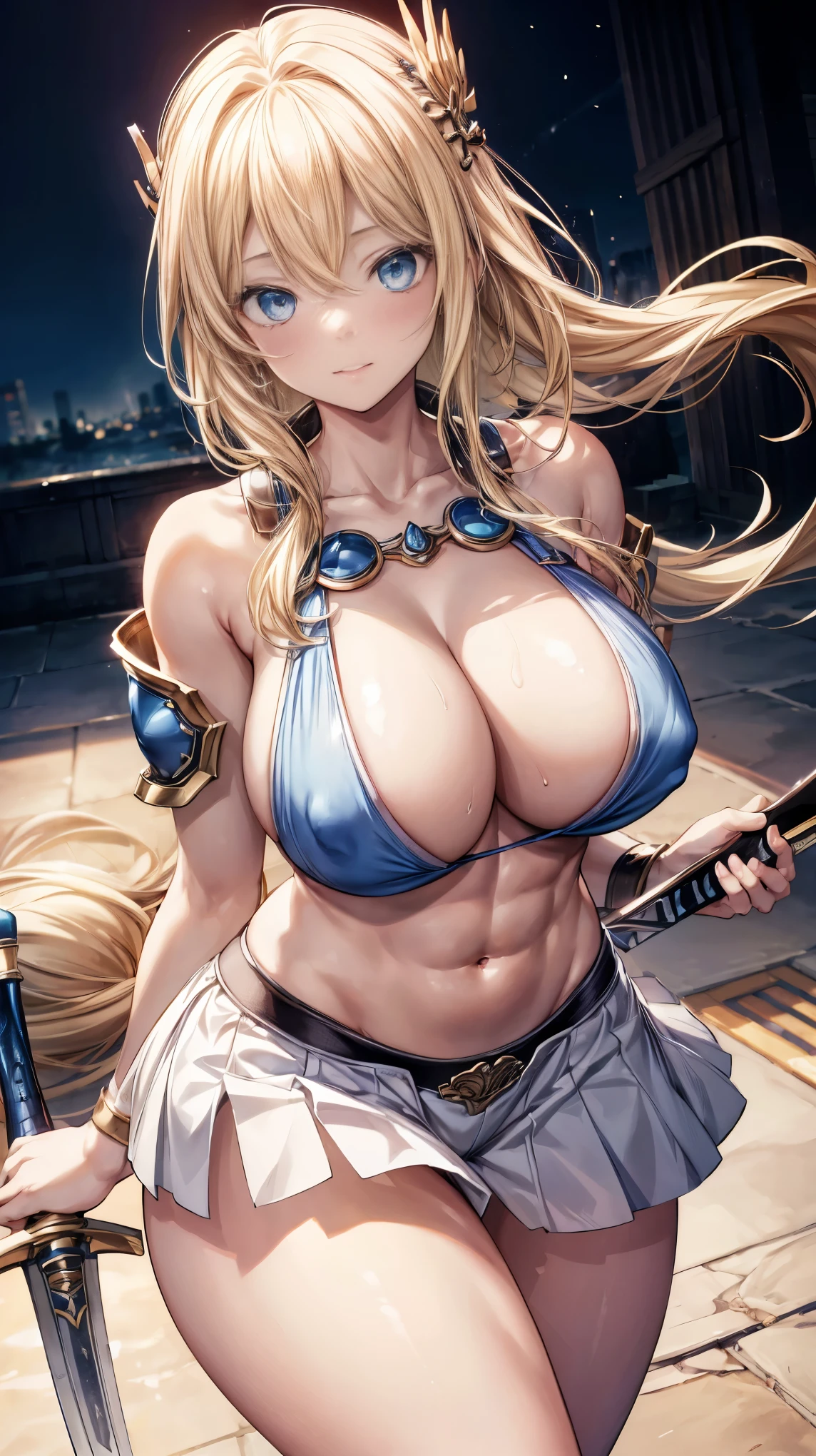 sensual, long blonde hair, thick thighs, 8K, 4K, highest quality, High resolution:1.2), cute anime face, noise reduction, shining blue eyes, gentle smile, Gentle eyes、toned abdominal muscles, muscular arms, muscular legs, young face, anime eyes, (((big breasts、Breasts that are about to burst)))、(((model pose)))、sophitia、sword、shield、