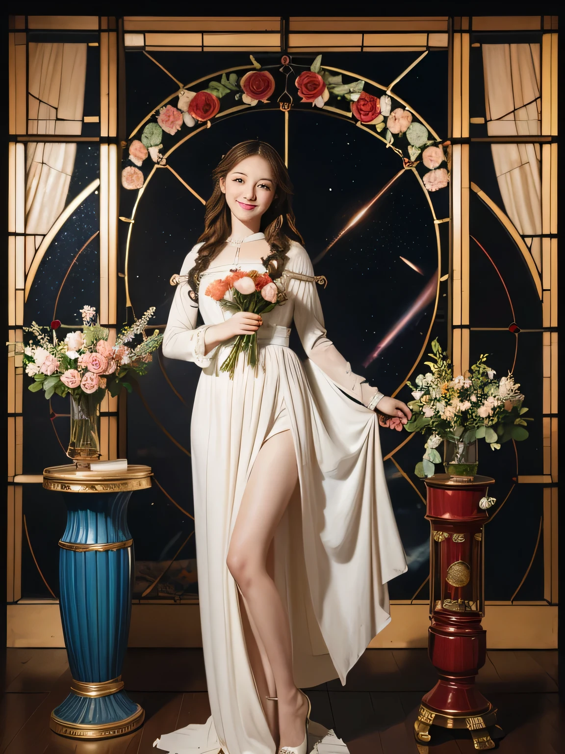 full body portrait or statue、Stained glass、Vigée Leblanc style、math、astronomical machine、astronaut、roses in vase、fruits、Cute trinkets、smile、ancient greek costume、Sandro Botticelli paintings、Costume that stretches your body