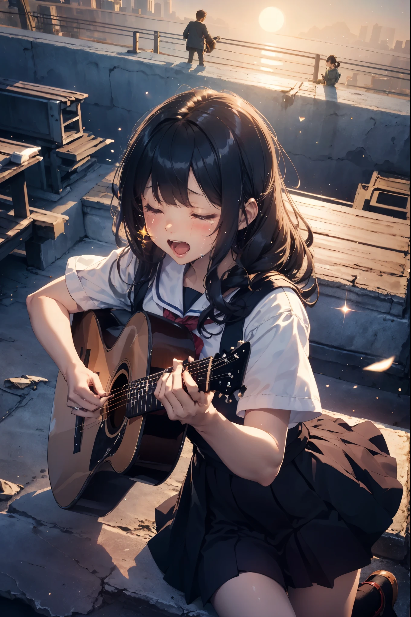 masterpiece, 8k, milky way, starry sky, moonlight, school rooftop, there is a girl and a boy, Girl Playing Guitar, closed eyes, open your mouth, enthusiastic singing, sailor suit, Are crying, 