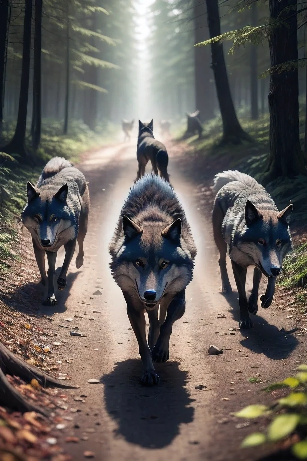 Three wolves running, seen from afar, background and dark forest floor
