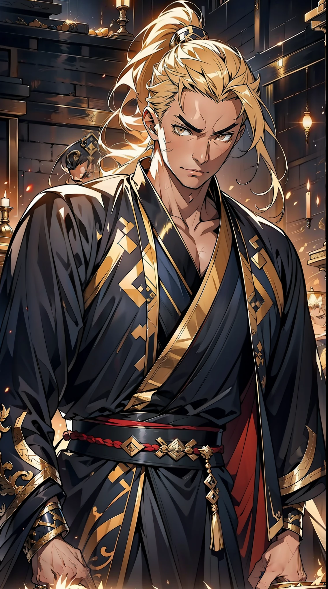 Two dimensions，anime style，one person（male warrior），proportions are correct，facial details，swordsman，high ponytail hairstyle，neck detail，Have an Adam&#39;s apple，Black and gold robe，joke，Black and gold robe，clothing details，Hand over，long sleeves，Game quality，fencing，Ray tracing，Ray tracing，Detailed glow，CG rendering，hair details，Long black and blond hair，Black-gold eyes，Handsome，Handsome，（Youthful feeling），Clothing is complicated，Perfect composition，refine，high quality，higher details，many details，Complex background，a sense of atmosphere，