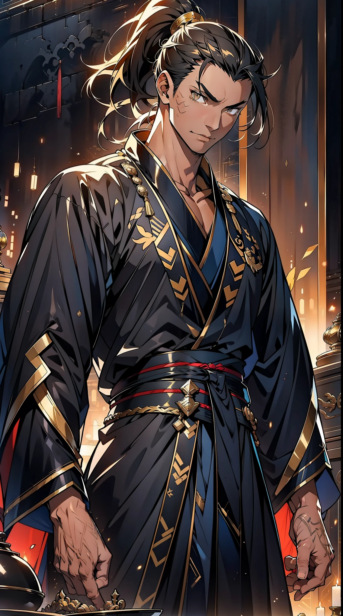 Two dimensions，anime style，one person（male warrior），proportions are correct，facial details，swordsman，high ponytail hairstyle，neck detail，Have an Adam&#39;s apple，Black and gold robe，joke，Black and gold robe，clothing details，Hand over，long sleeves，Game quality，fencing，Ray tracing，Ray tracing，Detailed glow，CG rendering，hair details，Long black and blond hair，Black-gold eyes，Handsome，Handsome，（Youthful feeling），Clothing is complicated，Perfect composition，refine，high quality，higher details，many details，Complex background，a sense of atmosphere，