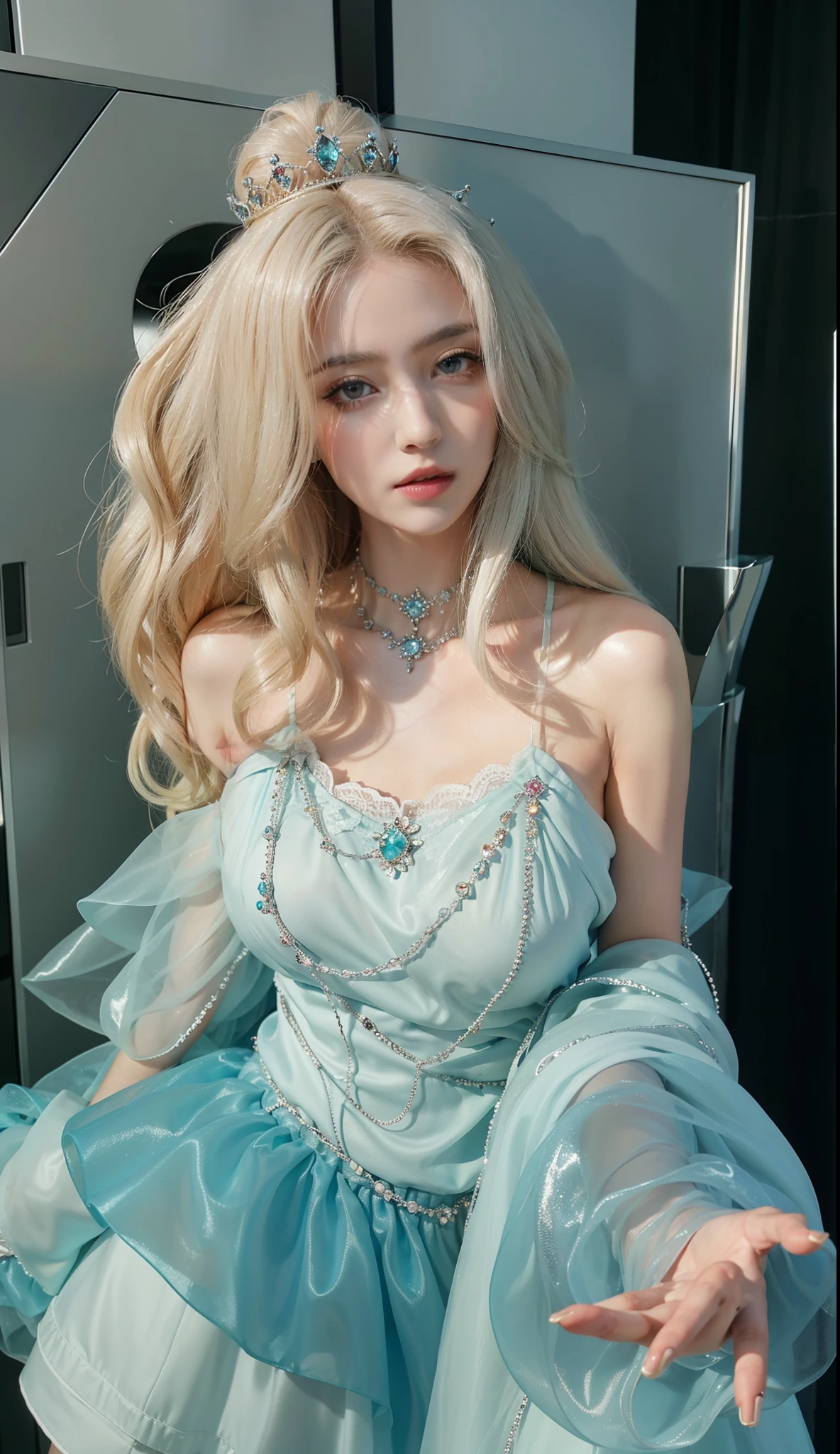 A white blonde doll with long hair and earrings,closeup of face,ssmile,adolable,Dark emerald and light aquamarine style, 32k ULTRAHD, nostalgic paintings, charming anime characters, Beautiful women, Light gold and magenta, Baroque grandeur - AR 40:53 --Q 5 --Niggie 5