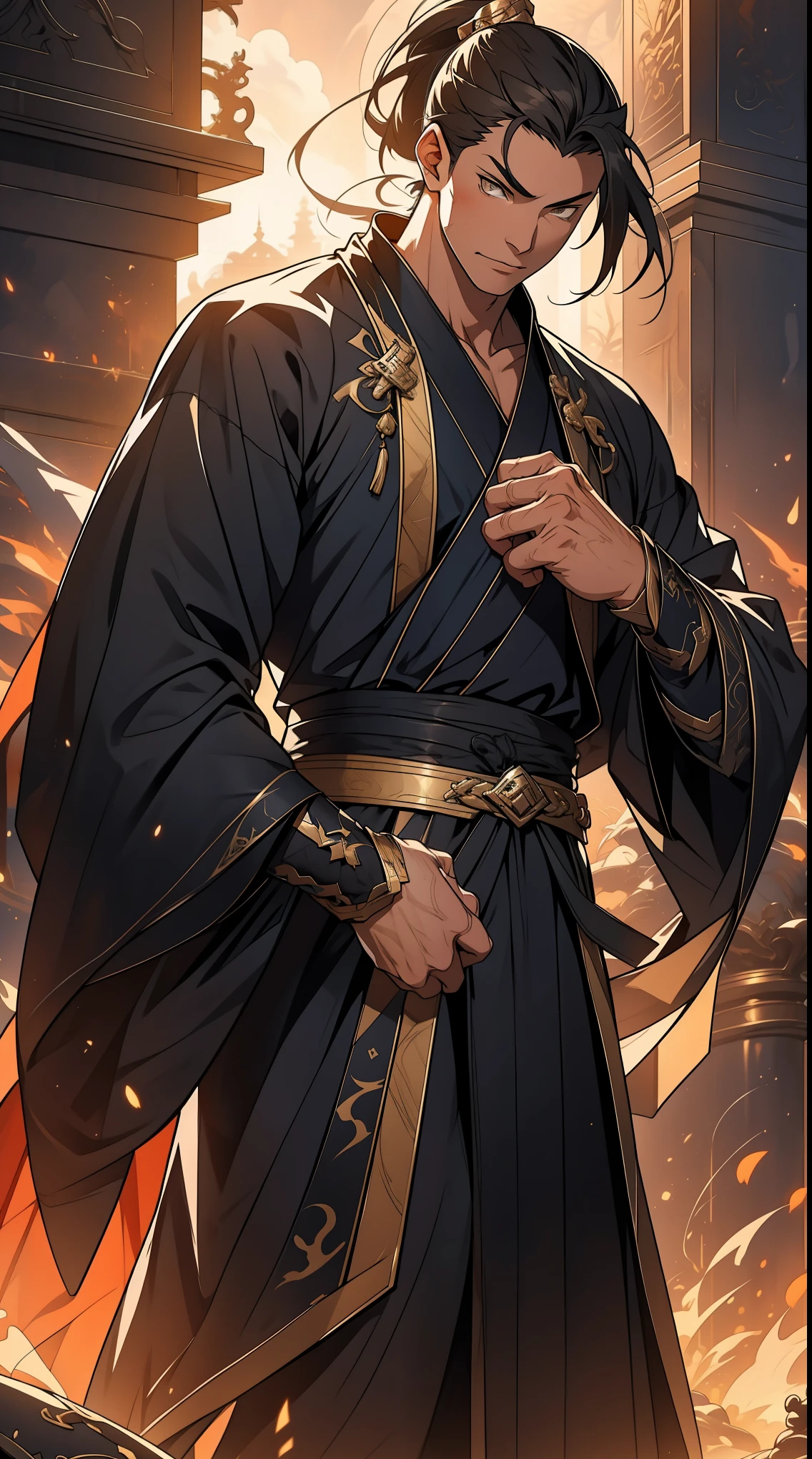 Two dimensions，anime style，one person（male warrior），proportions are correct，facial details，swordsman，high ponytail hairstyle，neck detail，Have an Adam&#39;s apple，Black and gold robe，joke，Black and gold robe，clothing details，Hand over，long sleeves，Game quality，fencing，Ray tracing，Ray tracing，Detailed glow，CG rendering，hair details，Long black and blond hair，Black-gold eyes，Handsome，Handsome，（Youthful feeling），Clothing is complicated，Perfect composition，refine，high quality，higher details，many details，Complex background，a sense of atmosphere，