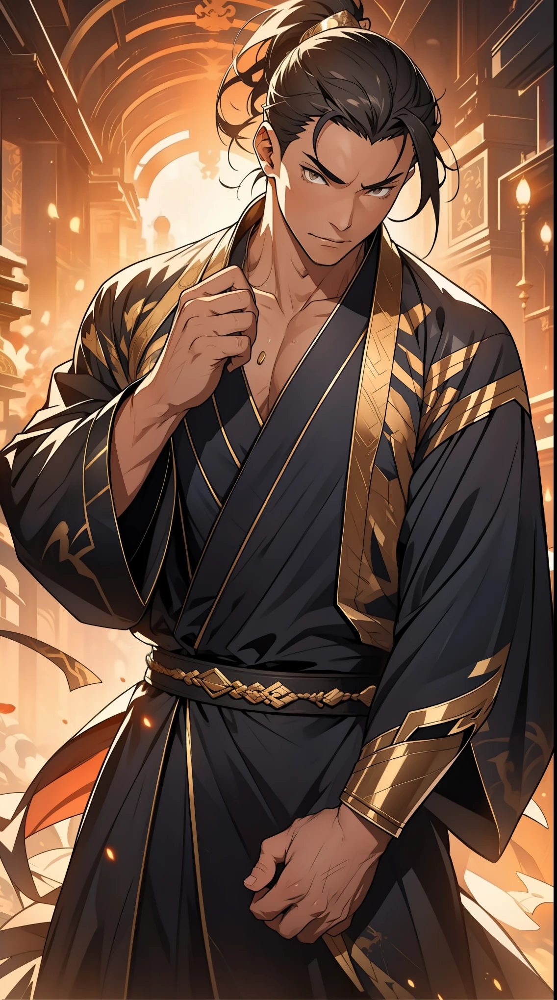 Two dimensions，anime style，one person（male warrior），proportions are correct，facial details，swordsman，high ponytail hairstyle，neck detail，Have an Adam&#39;s apple，Black and gold robe，joke，Black and gold robe，clothing details，Hand over，long sleeves，Game quality，fencing，Ray tracing，Ray tracing，Detailed glow，CG rendering，hair details，Long black and blond hair，Black-gold eyes，Handsome，Handsome，（Youthful feeling），Clothing is complicated，Perfect composition，refine，high quality，higher details，many details，Complex background，a sense of atmosphere，