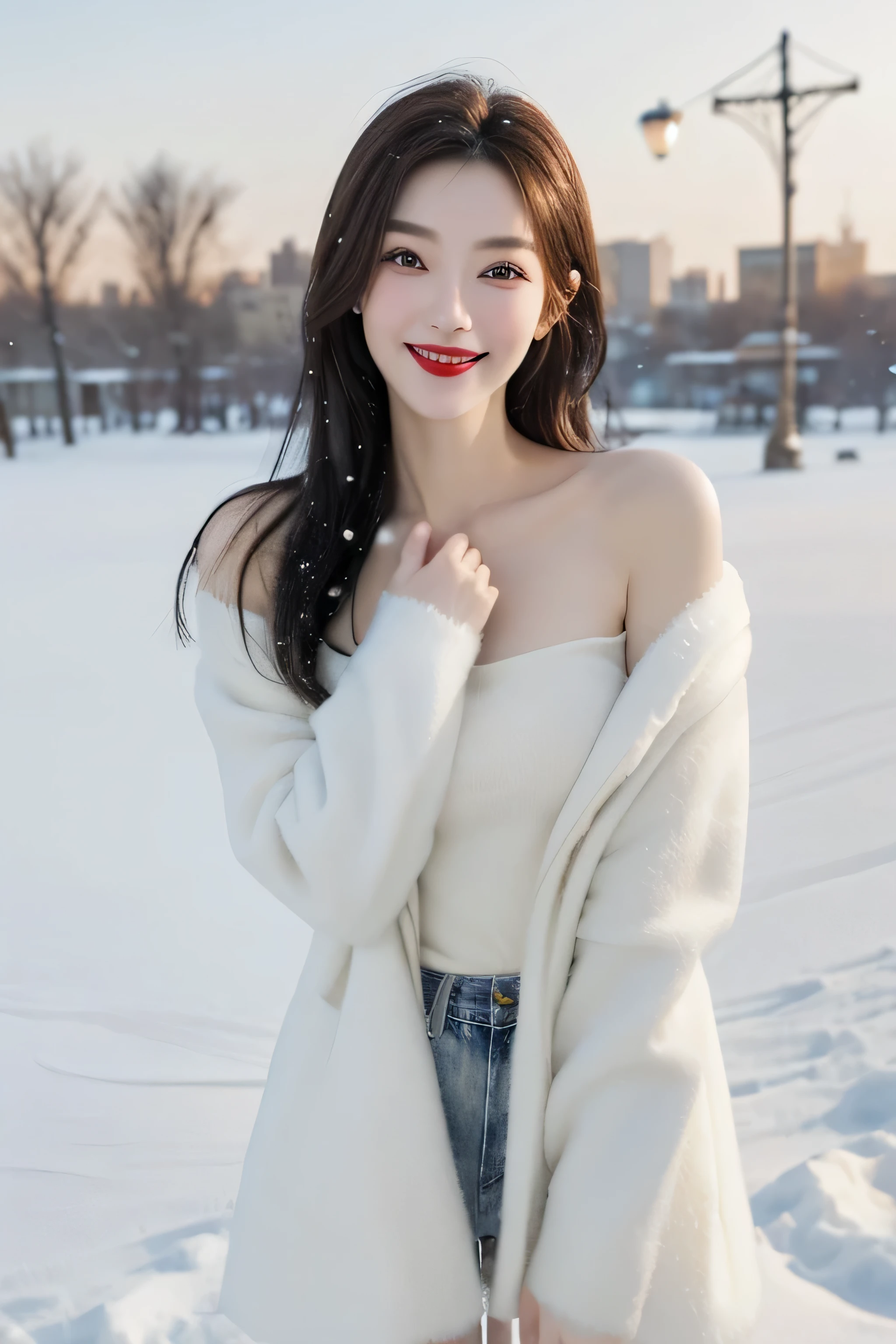 best quality, 4K, 8k, Detailed faces, clear face, a beautiful girl, Korean makeup, red lips,smilingly, Perfect body,Shoulder length straight bob hair,medium breasts,thigh,Slim,thin, Girl wearing large white mink coat, Underneath the jacket is a white sweater and denim, snow scene, Winters, tropical garden,,long hair,snow scene,(Harbin background)