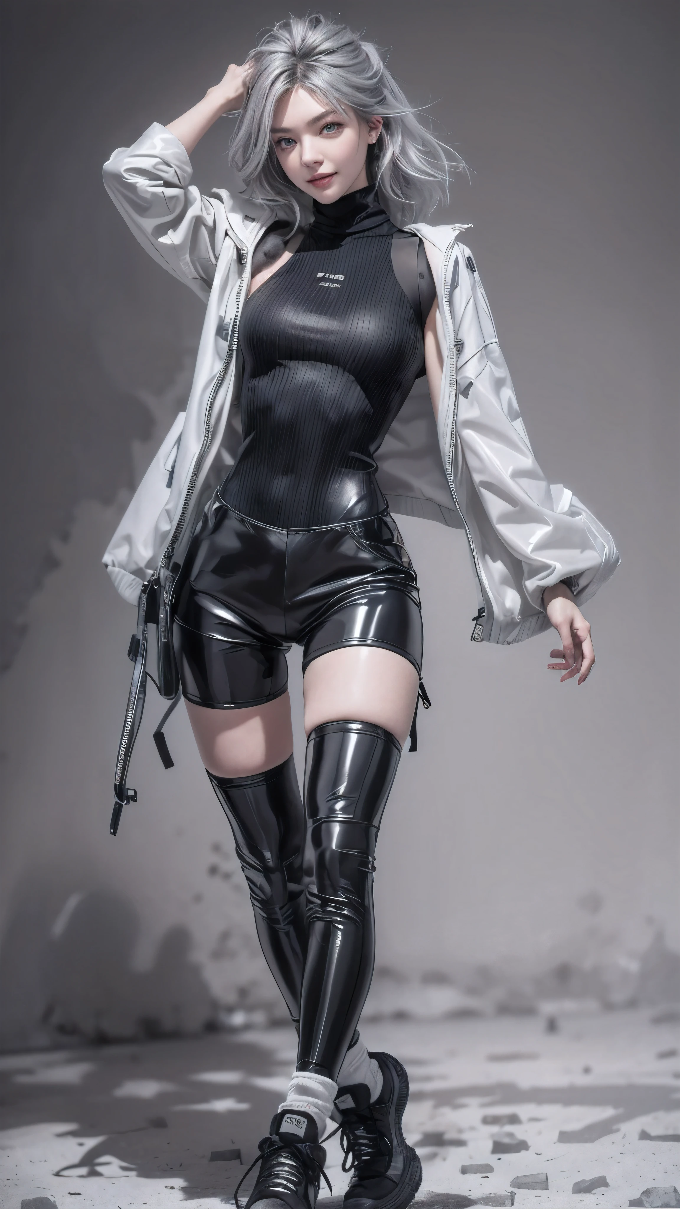 (Realistic:1.2), (fashion portrait:1.6), (brand collection, fashion brand theme:1.6), (detailed, beautiful, masterpiece, best quality:1.2), _ BREAK (1girl:1.2), 22 years old, 160 cm, Japanese cute model, Tightened all body, medium Breasts, small head, small face, diamond Face, small nose, Sharp Faceline, Detailed face, Detailed eyes, young hands and fingers, beautiful hands and fingers, five fingers, _ BREAK (happy, smile, Glossy Lips:1.3), (Light color lips, Half open mouth, beautiful Teeth:1.2), (dropy eyes, Double eyelid, light color eyes, Shiny eyes:1.5), Shiny skin, _ BREAK (arranged hairstyle:1.4), (gray hair, shiny hair, _ BREAK (gray background:1.4), mist, fog , Natural white lightning, _ BREAK (wide angle:1.4), (standing, fashion model pose:1.4), focus face, from below, BREAK (Cyberpunk and wool fusion:1.3), ((wear an oversized black wool turtleneck with rubberized surface) for a luxurious, futuristic, bodysuit, High legs, nylon, and Breaker feel:1.2), (Wear an oversized nylon black outerwear over a bodysuit:1.2), (wide sleeves:1.2), (3/4 length:1.2), (simple yet cyberpunk-themed design:1.3), BREAK (black and White theme:1.3), (Low rise short pants with a black subtle reflective pattern:1.2), BREAK (White and black horizontal stripes SOCKS:1.2), (Zettai Ryouiki:1.2),(super Thick sole technical High Sneaker with sleek metal details:1.3), (edgy and versatile:1.2),(Long drooping silver pierce:1.2),