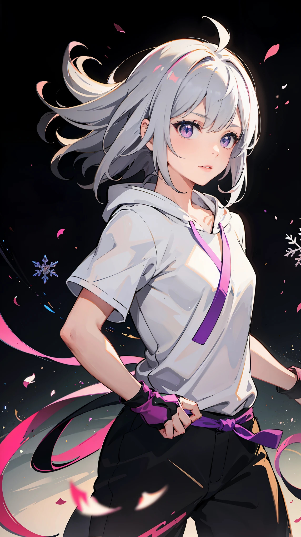 1girl in、Short hair with silver bob styled in a bun with hair clip, Pink eyes、small tits、A slight smil、Laugh、Winters、snowflakes falling
