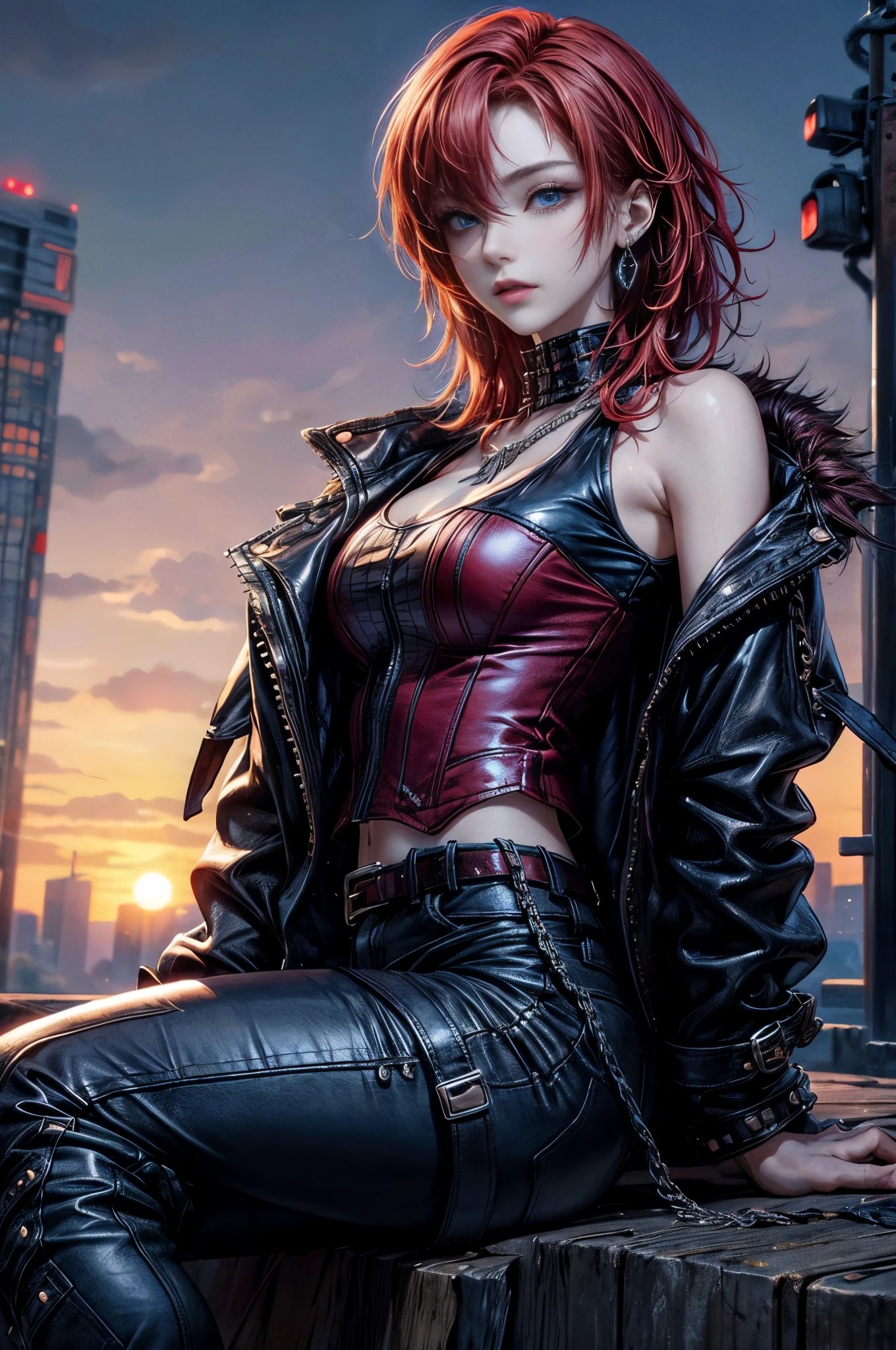 cinematic lighting、highest quality,cyberpunk world、1 female、(20 year old beautiful woman、Detailed beautiful facial features、medium bobの赤髪、shoulder length hair、blue eyes:1.4)smile、break,medium bob、（bright red hair:1.5）
BREAK
((dark leather rebellion) theme),（sexy punkRock  T-shirt） (full leather outfit with a fitted white color leather jacket,:1.3 ）（leather pants, and chunky boots:1.1), (accessorized with silver chain jewelry and a studded leather belt:1.3)、BREAK.（red hair）
（Evening after the rain、You can see the sunset、A place where you can see futuristic buildings in the distance、A wet place right after the rain:1.2）BREAK（portrait angle）