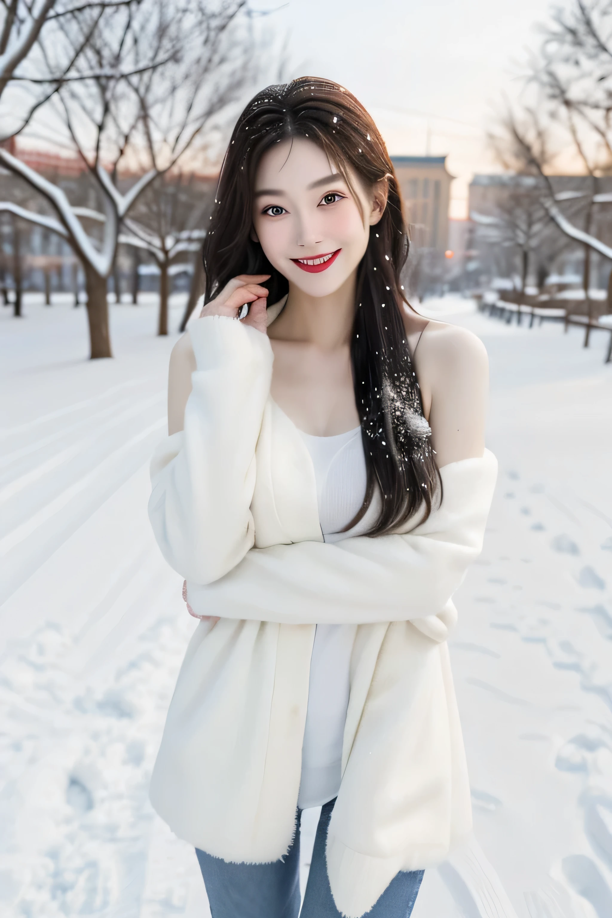 best quality, 4K, 8k, Detailed faces, clear face, a beautiful girl, Korean makeup, red lips,smilingly, Perfect body,Shoulder length straight bob hair,medium breasts,thigh,Slim,thin, Girl wearing large white mink coat, Underneath the coat is a white sweater,jeans, snow scene, Winters, tropical garden,,long hair,snow scene,(Harbin background)