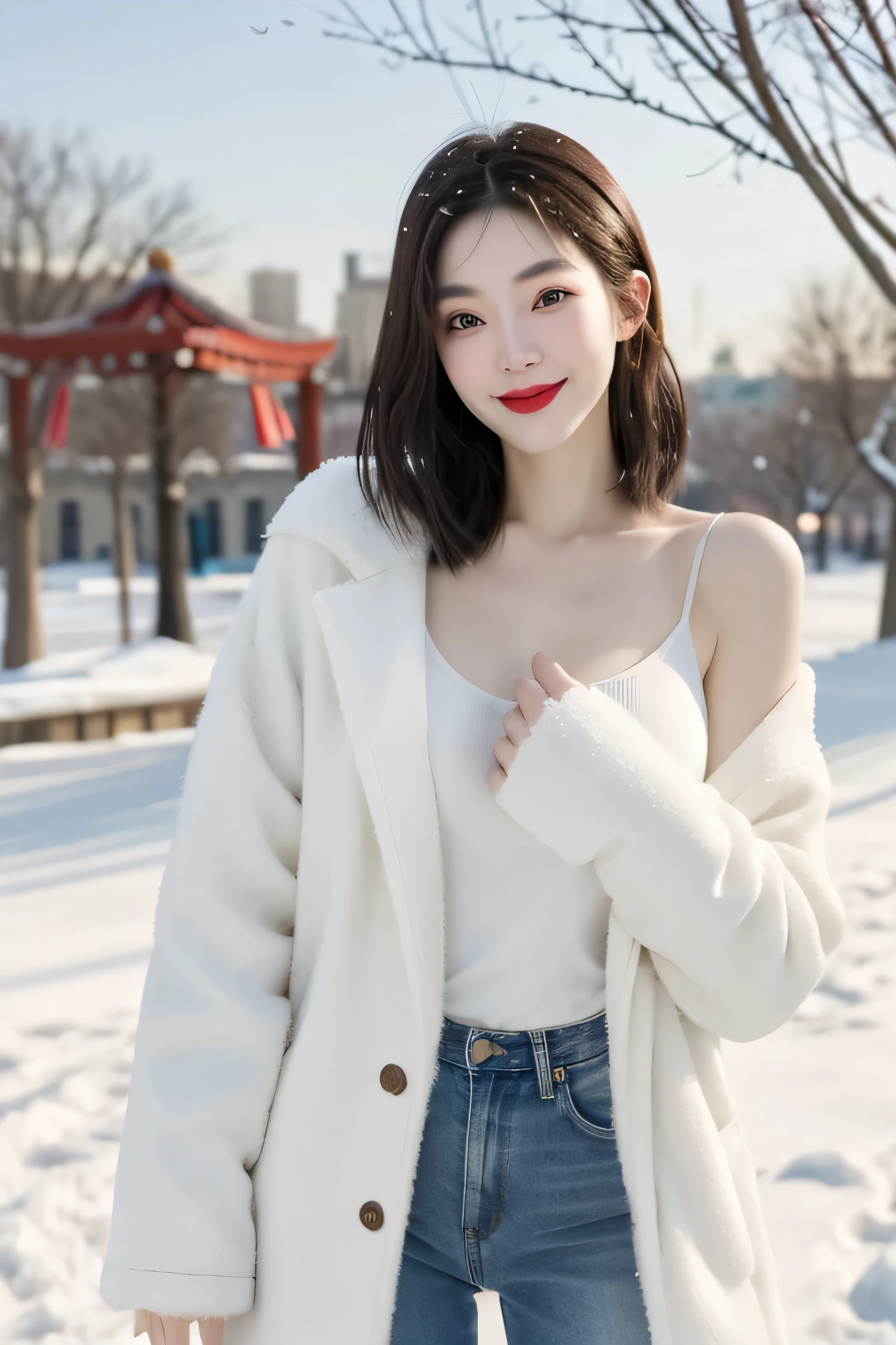 best quality, 4K, 8k, Detailed faces, clear face, a beautiful girl, Korean makeup, red lips,smilingly, Perfect body,Shoulder length straight bob hair,medium breasts,thigh,Slim,thin, Girl wearing large white mink coat, Underneath the coat is a white sweater,jeans, snow scene, Winters, tropical garden,,long hair,snow scene,(Harbin background)