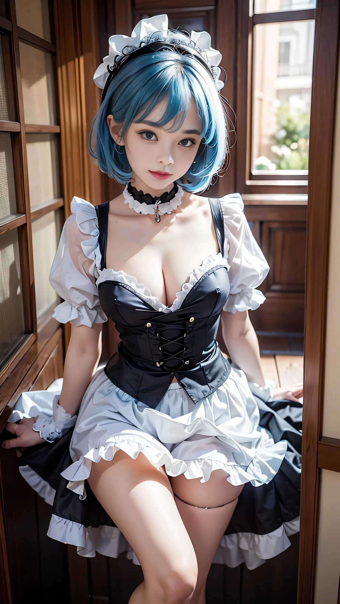 (Close-up:1.4)、(RAW shooting:1.2)、(photorealistic:1.4)、(masterpiece:1.3)、(highest quality:1.4)、solo、7 head and body、(slender and beautiful girl)、cute、(beautiful detailed eyes)、(charming big eyes)、(beautiful double eyelids)、(beautiful and detailed face)、(gentle smile:1.2)、(big breasts:1.2)、(cleavage)、(erect nipples:1.2)、(full body shot)、8K、(muste piece:1.2)、(pale blue hair、short bob:1.3)、(Bangs Patsun)、(headdress、white blouse、black ribbon、ruffle skirt、puff sleeves、collar、choker、white apron with fine frills:1.3)、white knee high socks、black maid costume、(Sexy model pose with chest sticking out:1.3)、cowboy shot、view audience、(small butt)、(small beautiful hands)、(beautiful thighs)、cute系、(perfect anatomy:1.2)、ancient city、