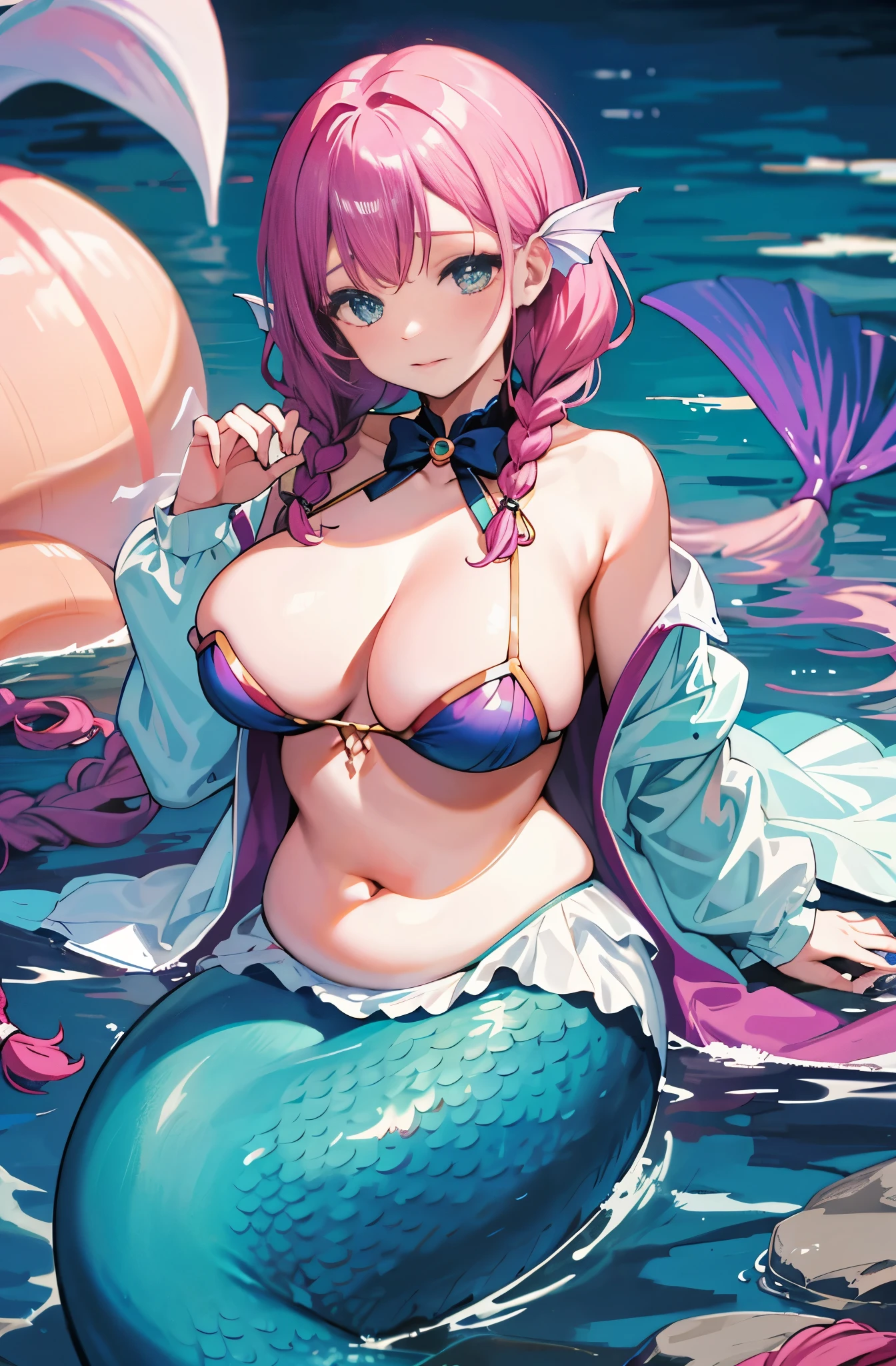 1 mermaid, twisted braids, plump breasts, Side-breasted exposure