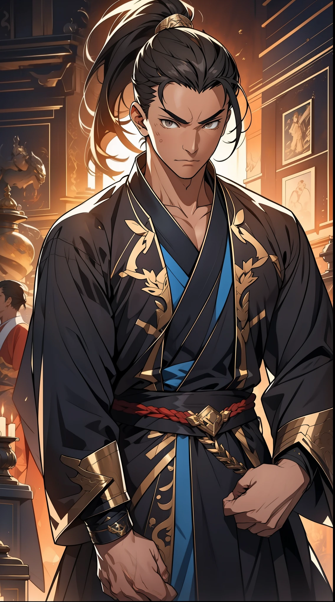 Two dimensions，anime style，one person（male warrior），proportions are correct，facial details，swordsman，high ponytail hairstyle，neck detail，Have an Adam&#39;s apple，Black and gold robe，joke，Black and gold robe，clothing details，Hand over，long sleeves，Game quality，fencing，Ray tracing，Ray tracing，Detailed glow，CG rendering，hair details，Long black and blond hair，Black-gold eyes，Handsome，Handsome，（Youthful feeling），Clothing is complicated，Perfect composition，refine，high quality，higher details，many details，Complex background，a sense of atmosphere，
