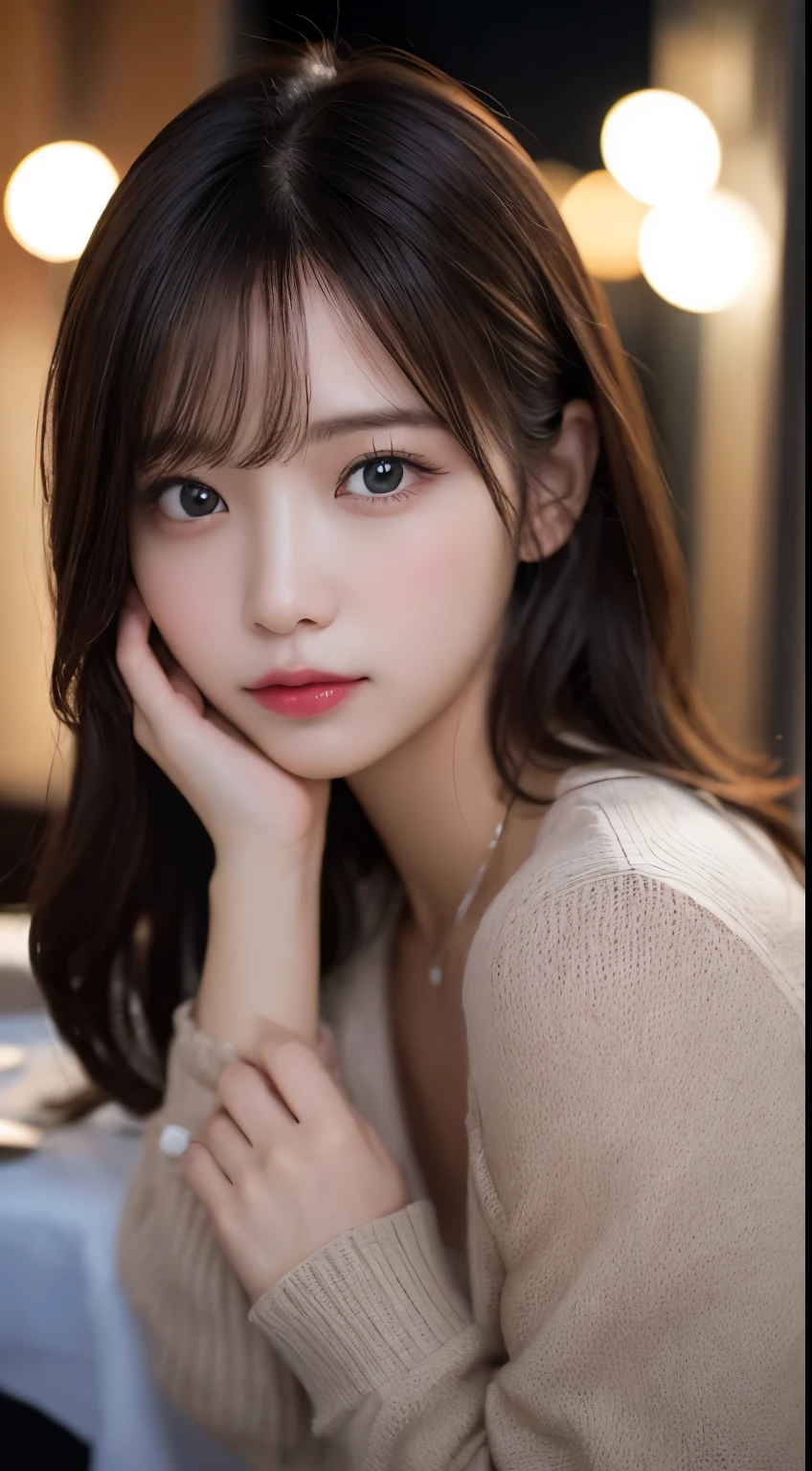 table top, highest quality, figure, super detailed, finely, High resolution, 8k wallpaper, 完璧なダイナミックな構figure, beautiful and fine eyes, Winter clothes,medium hair,,natural color lip, bold sexy pose,luxury home bedroom、20 year old girl、cute、sexy looking at camera,RAW photo,blur the background,perfect and beautiful face,take a photo close to the face,night scene
