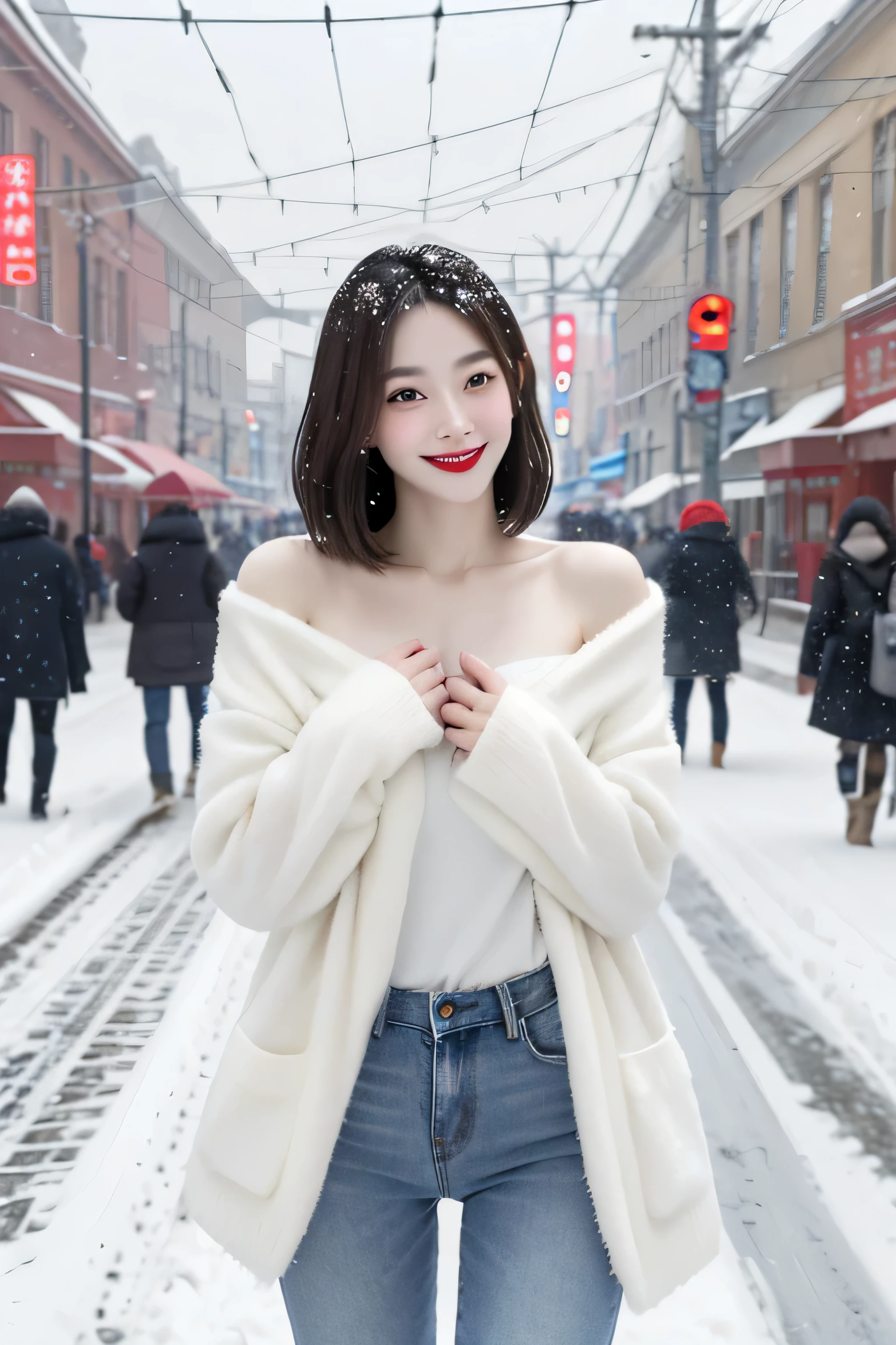 best quality, 4K, 8k, Detailed faces, clear face, a beautiful girl, Korean makeup, red lips,smilingly, Perfect body,Shoulder length straight bob hair,medium breasts,thigh,Slim,thin, Girl wearing large white mink coat, Underneath the coat is a white sweater,jeans, snow scene, Winters, tropical garden,,long hair,snow scene,(Harbin Central Street background)