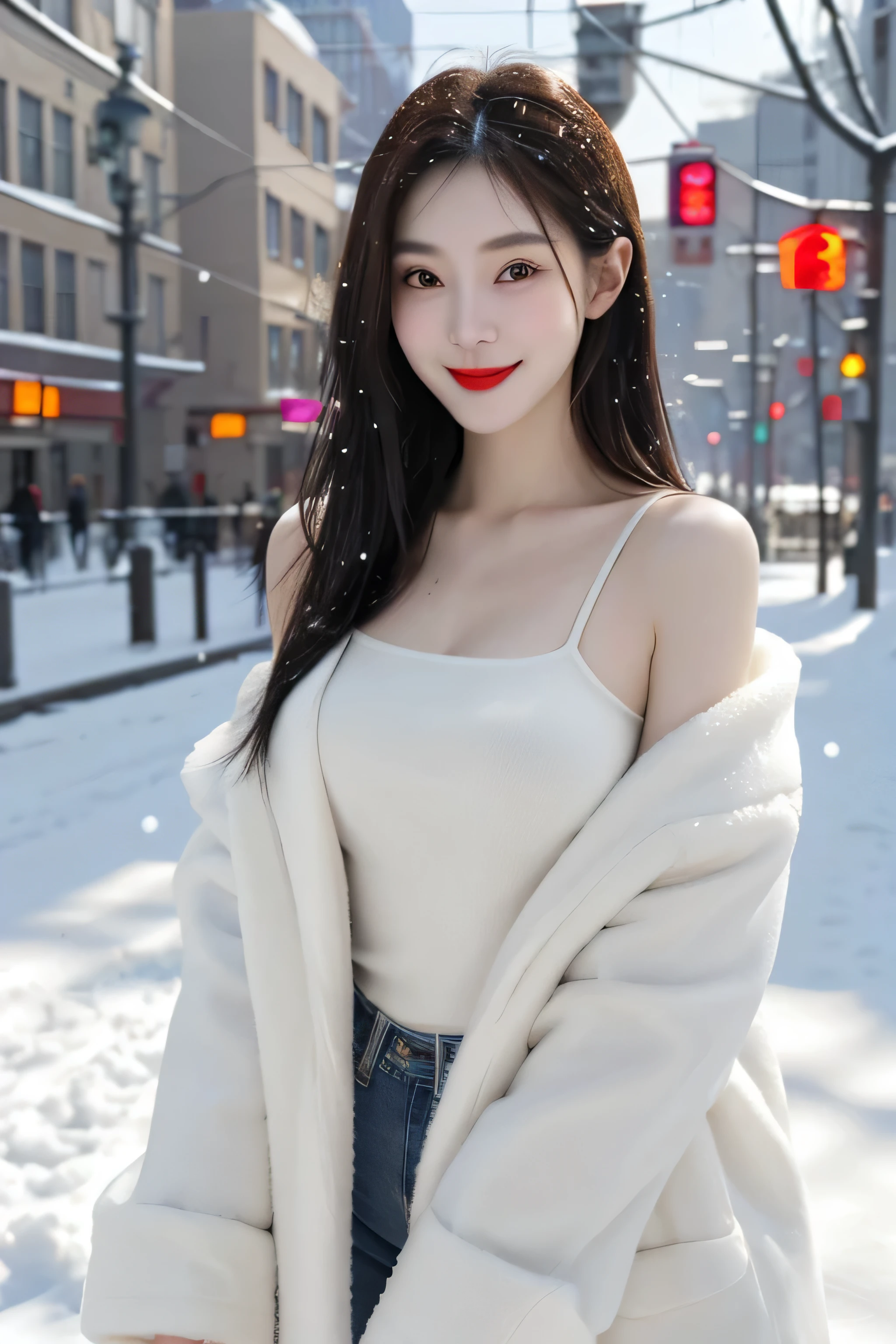 best quality, 4K, 8k, Detailed faces, clear face, a beautiful girl, Korean makeup, red lips,smilingly, Perfect body,Shoulder length straight bob hair,medium breasts,thigh,Slim,thin, Girl wearing large white mink coat, Underneath the coat is a white sweater，jeans, snow scene, Winters, tropical garden,，long hair，snow scene，（Harbin Central Street background）