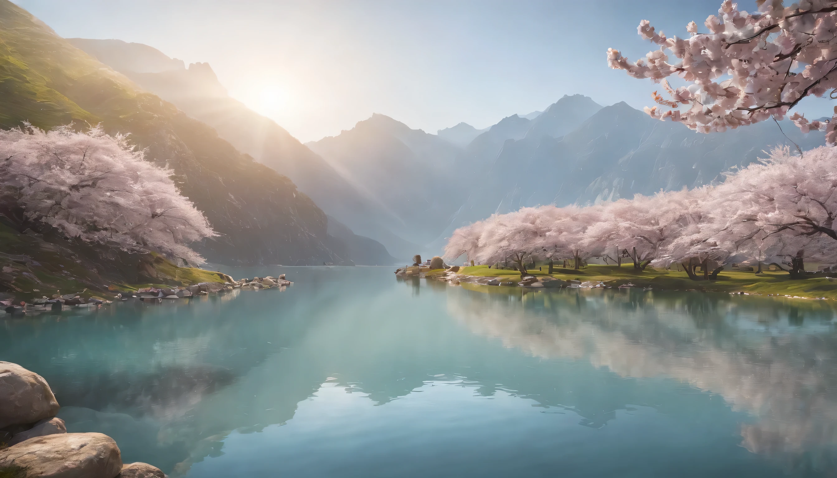 (Highly detailed CG unity 8K wallpaper、masterpiece、highest quality、Super detailed)、(best lighting、best shadow、very delicate and beautiful)、highest quality、8K、Detailed facial depiction、masterpiece、highest quality、clear image quality、
By the lake in spring、Cherry blossoms reflected in the water and surrounding mountains々々Please take a photo of。