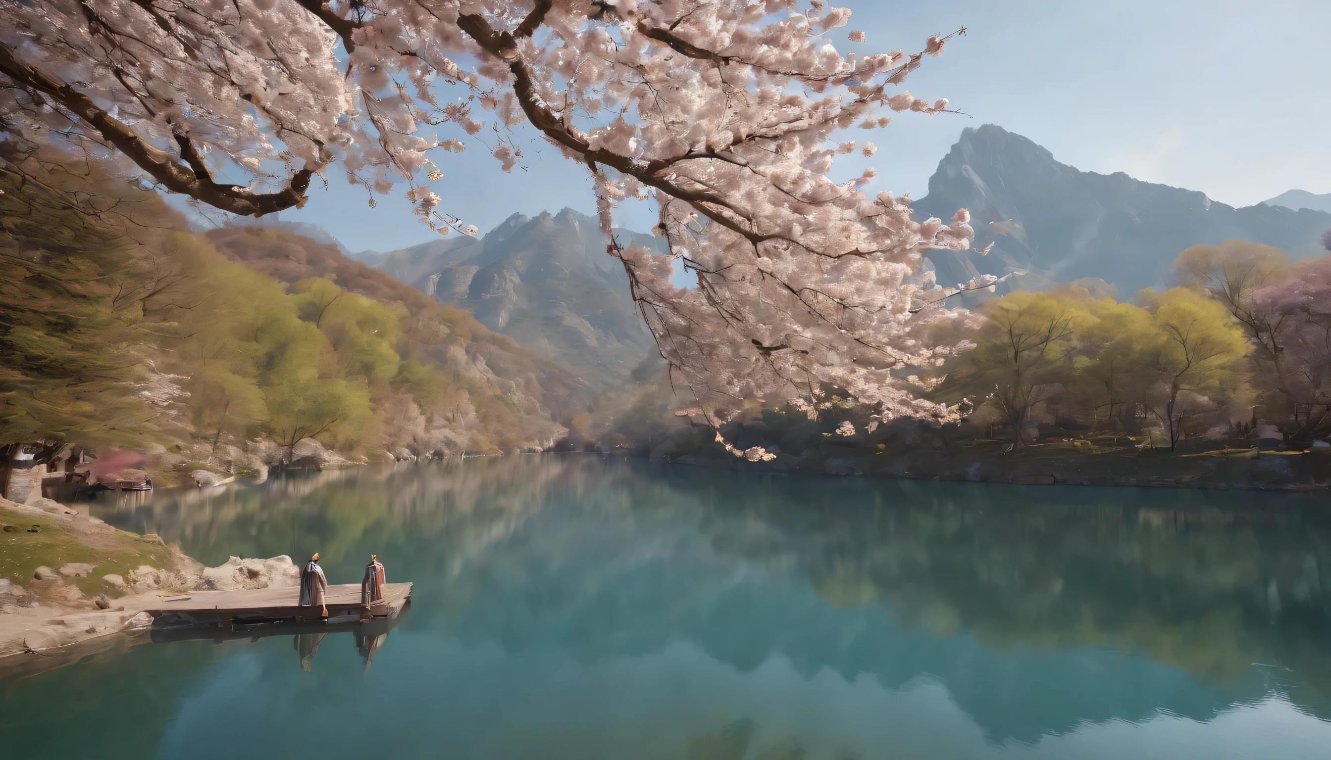 (Highly detailed CG unity 8K wallpaper、masterpiece、highest quality、Super detailed)、(best lighting、best shadow、very delicate and beautiful)、highest quality、8K、Detailed facial depiction、masterpiece、highest quality、clear image quality、
By the lake in spring、Cherry blossoms reflected in the water and surrounding mountains々々Please take a photo of。