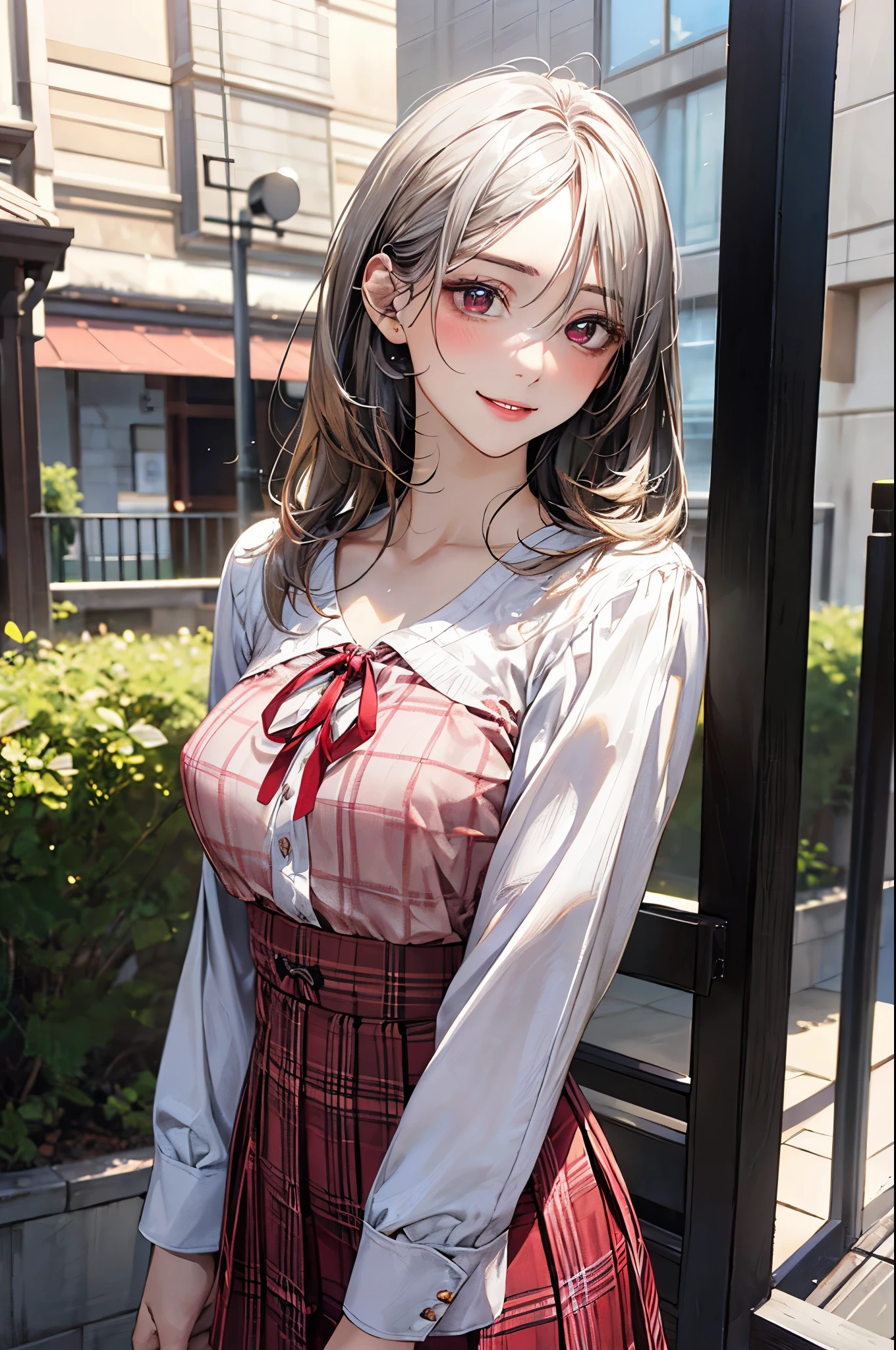 (masterpiece:1.2, top-quality), (realistic, photorealistic:1.4), beautiful illustration, (natural side lighting, movie lighting), nsfw,
looking at viewer, face focus, upper body, 1 girl, japanese, high school girl, perfect face, cute and symmetrical face, shiny skin,
(short hair:1.2, messy hair:1.2, silver hair), hair between eyes, red eyes, slant eyes, long eye lasher, (large breasts:0.8), slender,
beautiful hair, beautiful face, beautiful detailed eyes, beautiful clavicle, beautiful body, beautiful chest, beautiful thigh, beautiful legs, beautiful fingers,
((detailed cloth texture, white blouse, red plaid high waist skirt), dark red neck ribbon),
(beautiful scenery), summer, evening, (outdoors), walking, (lovely smile, upper eyes),