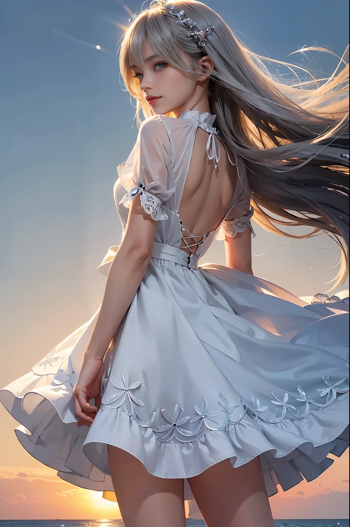 1 girl, blonde hair, gray hair, long hair, bangs, sparkling eyes, long eyelashes, pupils shine, compensate, smile, Depth of bounds written, from below, silhouette, from behind, wide shot, f/1.4, 135mm, canon, nffsw, retina, Accurate, anatomically correct, rough skin, Super detailed, advanced details, high quality, 最high quality, High resolution, 8K, (Woman walking on the beach at sunset), 逆光のsilhouette, (transparent white lace dress), ((光を通して体のsilhouetteが見える)), (hair blowing in the wind), (Skirt soars in the wind)