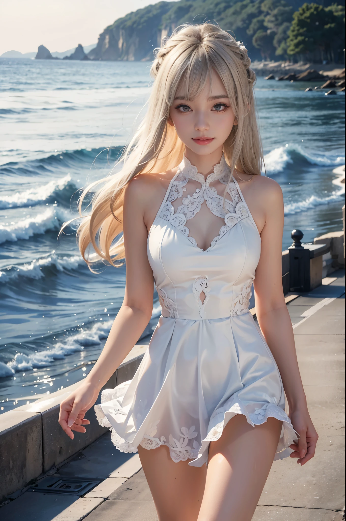 1 girl, blonde hair, gray hair, long hair, bangs, sparkling eyes, long eyelashes, pupils shine, compensate, smile, Depth of bounds written, from below, silhouette, from behind, wide shot, f/1.4, 135mm, canon, nffsw, retina, Accurate, anatomically correct, rough skin, Super detailed, advanced details, high quality, 最high quality, High resolution, 8K, (Woman walking on the beach at sunset), 逆光のsilhouette, (transparent white lace dress), ((光を通して体のsilhouetteが見える)), (hair blowing in the wind), (Skirt soars in the wind)