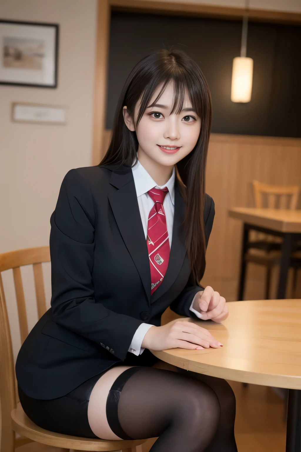 table top, highest quality, figure, super detailed, finely, High resolution, 8k wallpaper, 完璧なダイナミックな構figure, beautiful and fine eyes, business suit,natural color lip, smile、18 year old girl,Wearing black tights and stockings、plump thighs、shortcut