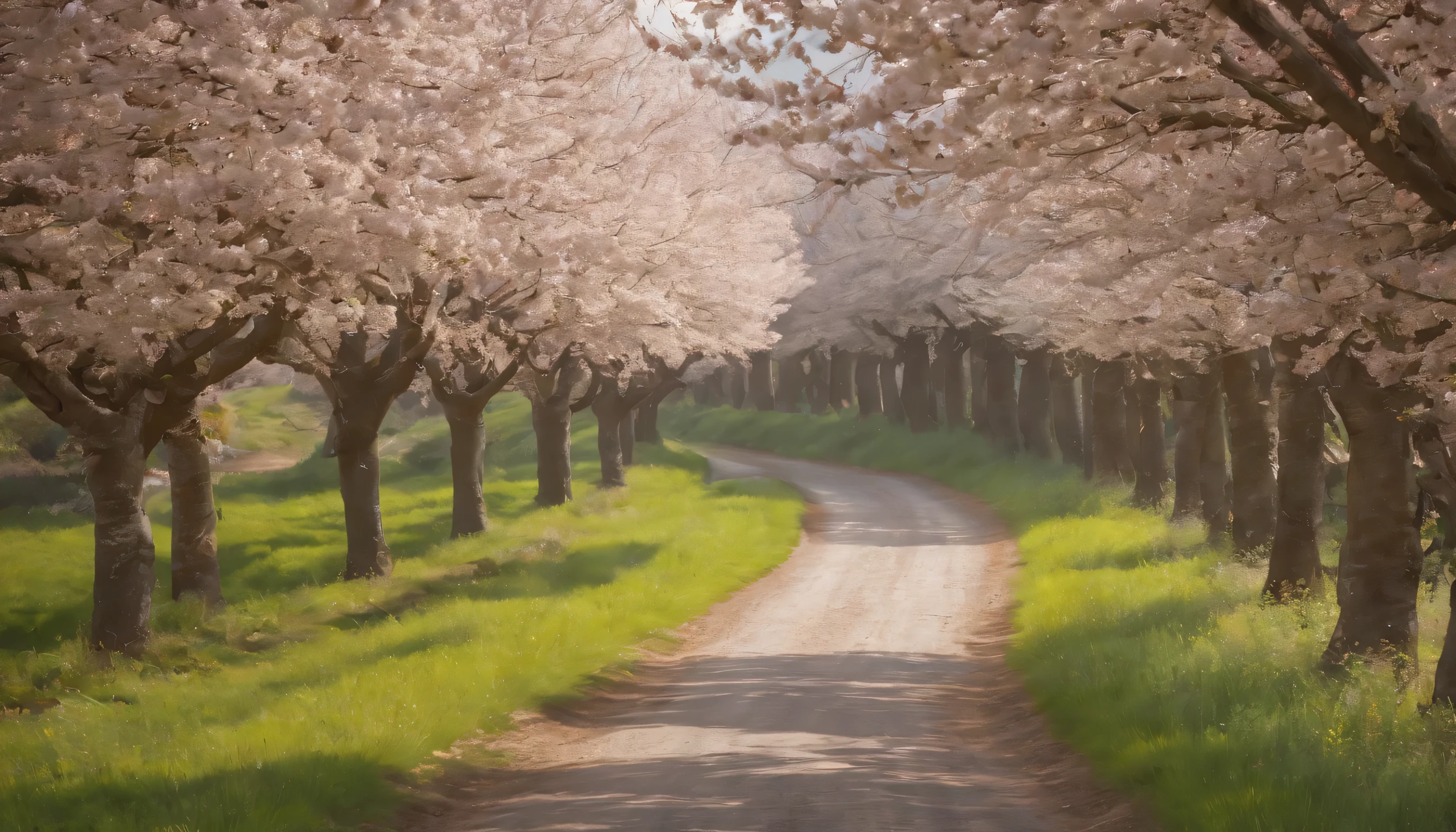 (Highly detailed CG unity 8K wallpaper、masterpiece、highest quality、Super detailed)、(best lighting、best shadow、very delicate and beautiful)、highest quality、8K、Detailed facial depiction、masterpiece、highest quality、clear image quality、
Spreading out on a country road in spring、Please take a photo of the cherry tree-lined tunnel.。