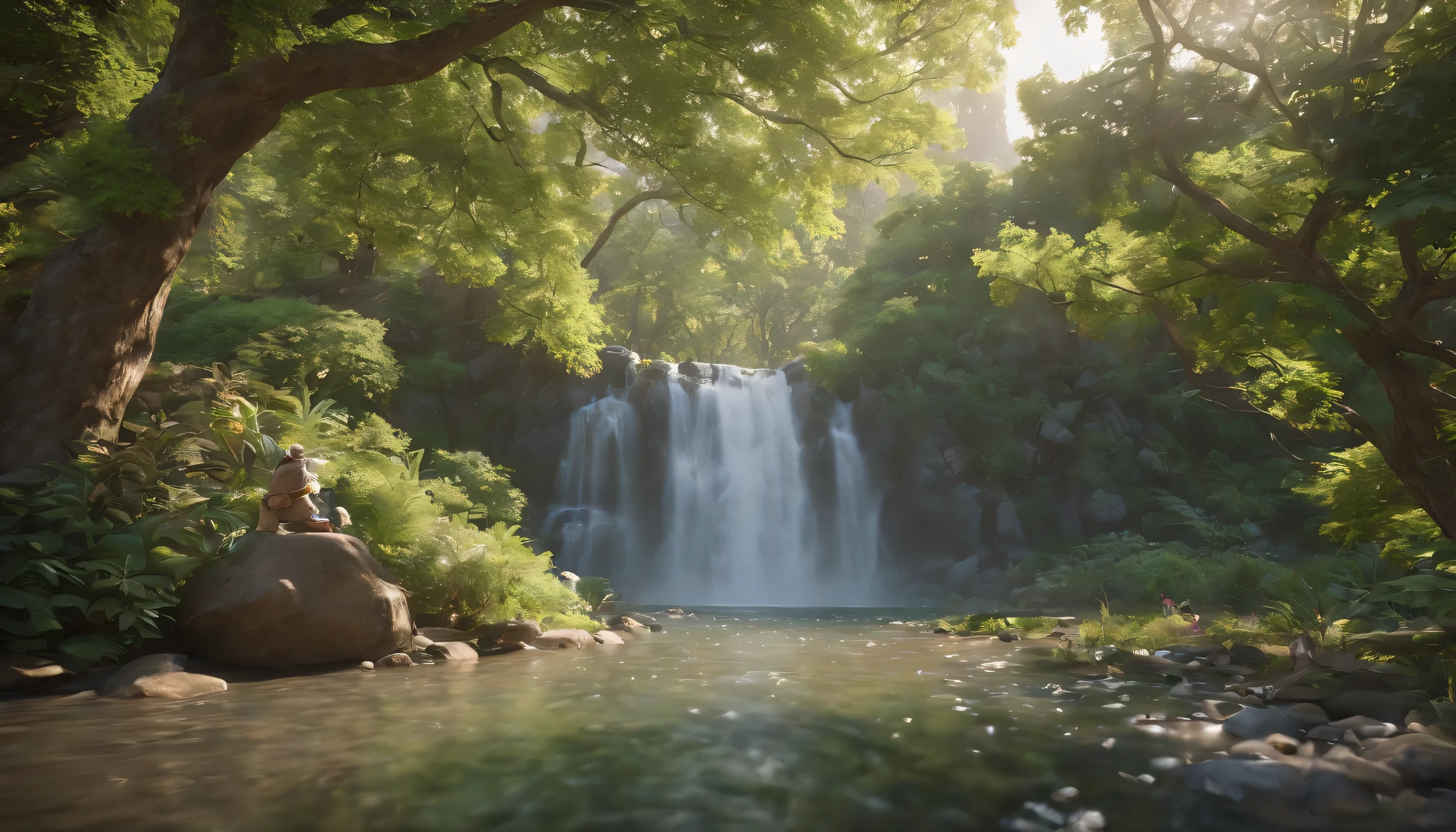 (Highly detailed CG unity 8K wallpaper、masterpiece、highest quality、Super detailed)、(best lighting、best shadow、very delicate and beautiful)、highest quality、8K、Detailed facial depiction、masterpiece、highest quality、clear image quality、
in the spring garden、Take a photo of a small waterfall surrounded by fresh greenery。