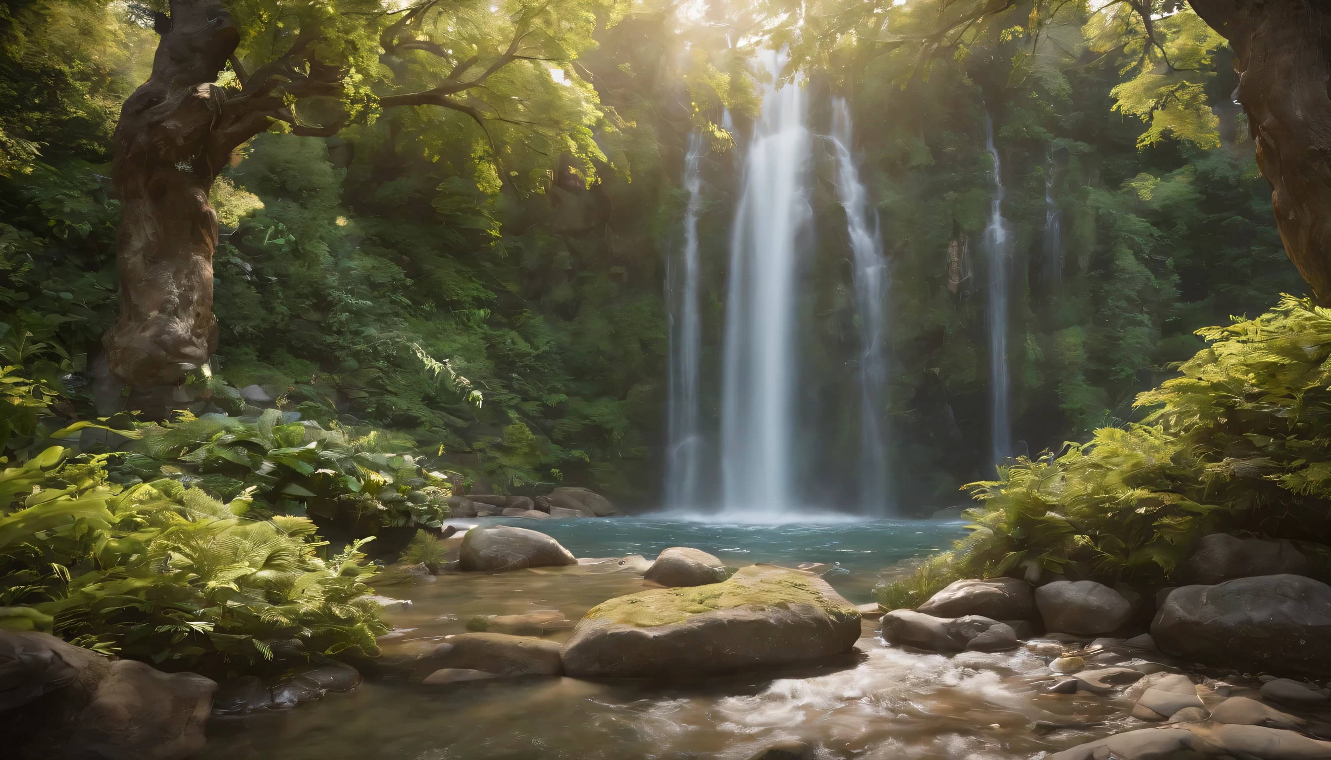 (Highly detailed CG unity 8K wallpaper、masterpiece、highest quality、Super detailed)、(best lighting、best shadow、very delicate and beautiful)、highest quality、8K、Detailed facial depiction、masterpiece、highest quality、clear image quality、
in the spring garden、Take a photo of a small waterfall surrounded by fresh greenery。