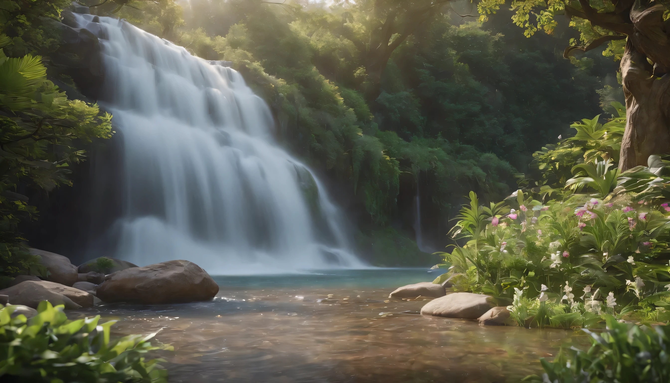 (Highly detailed CG unity 8K wallpaper、masterpiece、highest quality、Super detailed)、(best lighting、best shadow、very delicate and beautiful)、highest quality、8K、Detailed facial depiction、masterpiece、highest quality、clear image quality、
in the spring garden、Take a photo of a small waterfall surrounded by fresh greenery。