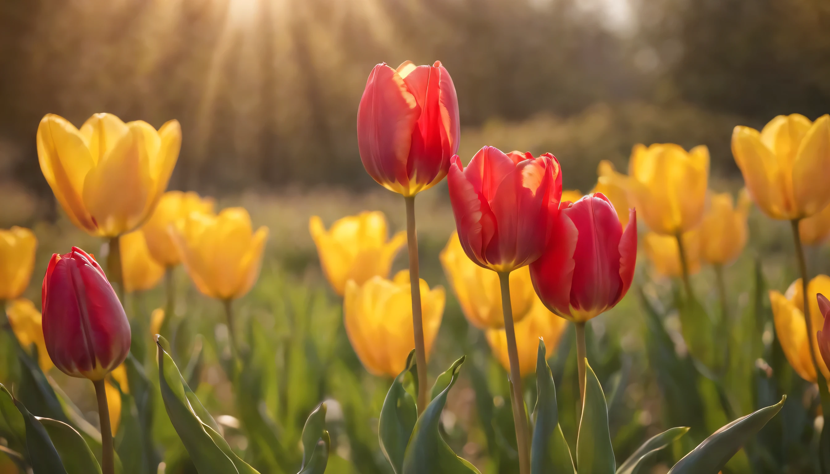 (Highly detailed CG unity 8K wallpaper、masterpiece、highest quality、Super detailed)、(best lighting、best shadow、very delicate and beautiful)、highest quality、8K、Detailed facial depiction、masterpiece、highest quality、clear image quality、
blooming in the spring field、Take photos of colorful tulip flowers。