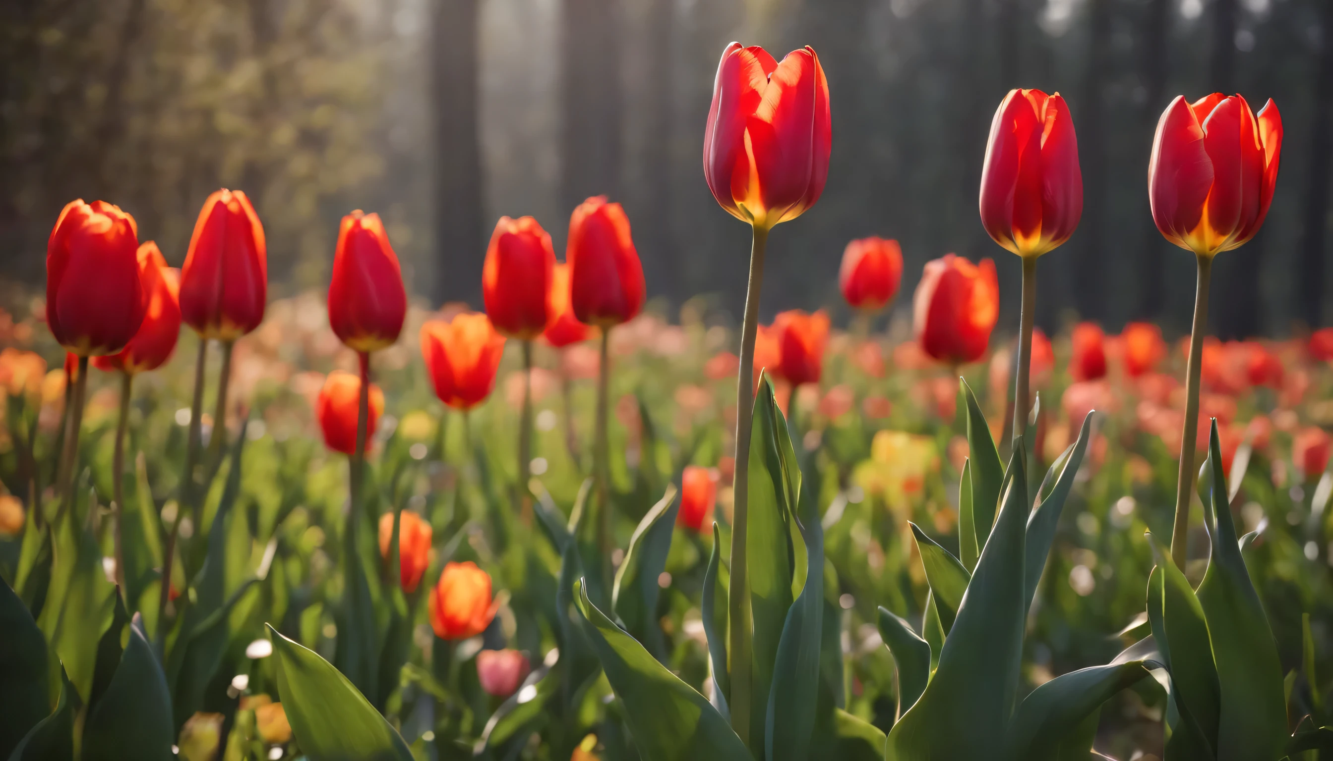 (Highly detailed CG unity 8K wallpaper、masterpiece、highest quality、Super detailed)、(best lighting、best shadow、very delicate and beautiful)、highest quality、8K、Detailed facial depiction、masterpiece、highest quality、clear image quality、
blooming in the spring field、Take photos of colorful tulip flowers。