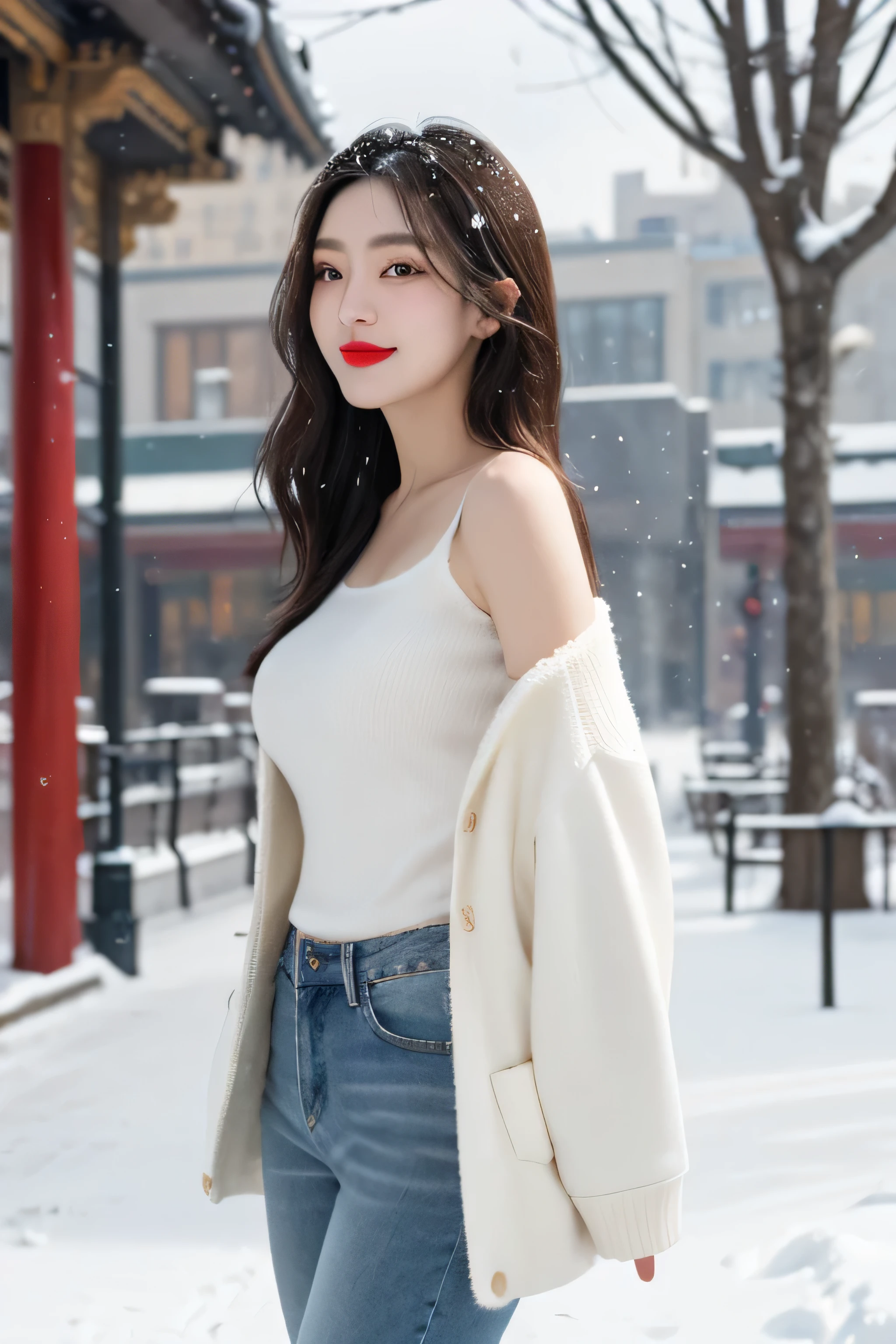 best quality, 4K, 8k, Detailed faces, clear face, a beautiful girl, Korean makeup, red lips,smilingly, Perfect body,Shoulder length straight bob hair,medium breasts,thigh,Slim,thin, Girl wearing large white mink coat, Underneath the coat is a white sweater,jeans, snow scene, Winters, tropical garden,,long hair,snow scene,(Harbin Central Street background),contour