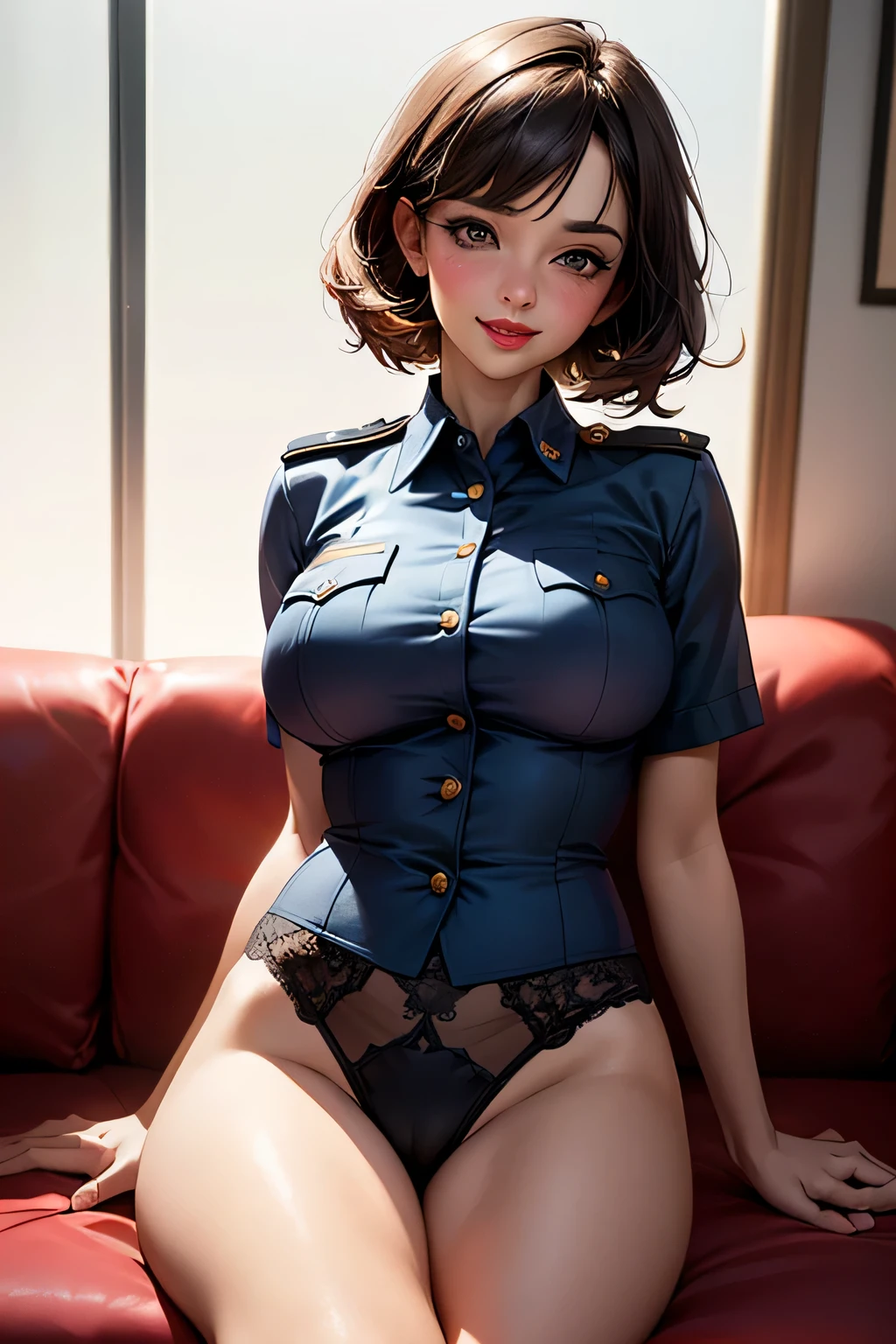 (1 beautiful mature slut), alone, gorgeous face, (blush)、((Wearing a police uniform)), grin and laugh、red lips, eye shadow, eyeliner, ((open crotch))、show me your side、such an ass、((Please sit down))、big and full breasts, thighs, bob hair, lingerie、masterpiece, highest quality, 8K, realistic
