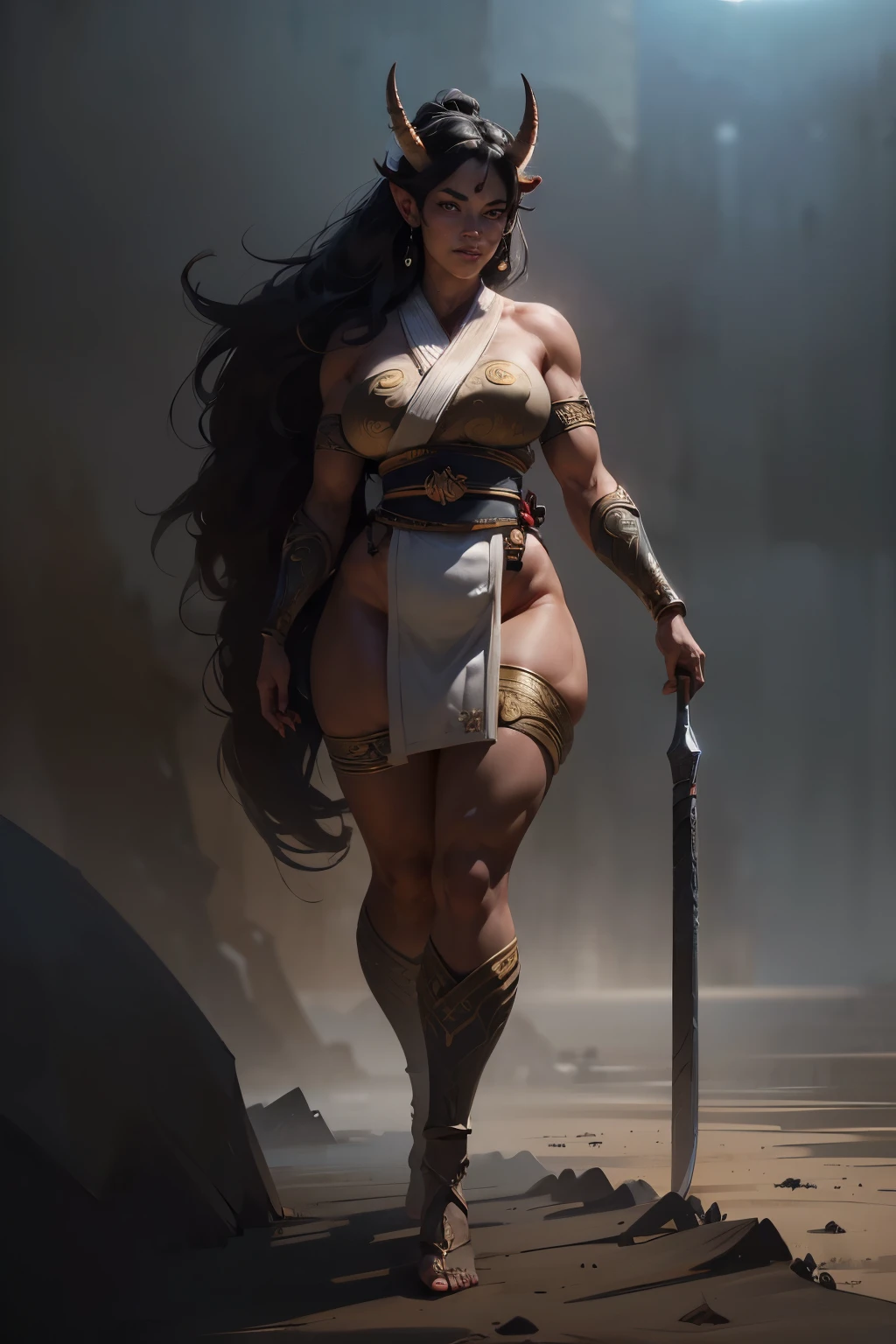 Numerous award-winning masterpiece, with incredible detail, textures and maximum detail), (hyper realistic:1.4), (full-body standing image:1.6),(beautiful female oni warrior:1.7), (thick curvy and mature body yet muscular:1.5), (reddish fair skin tone:1.3), (wearing off shoulders kimono1.2), (long oni horns:1.44),(pointy ears)(white long hair blown by the wind:1.2) (wind effect)  (best quality real texture skin), (finely detailed true circle eyes), (finely Detailed and beautiful face that is out of this world:1.6), (The challenging look of the proud warrior), (She has serious gaze in  her eyes and a grin on her face:1.3), (Beautiful eyes that sparkle and shine), (Dramatic Light),(A majestic sight), (((dramatic photo))),(Sunny), ((dramatic pose)), (flamboyant photo), (golden hair),  epic realistic, faded, art, (art station:1.5), cinematic, ((neutral colors)), (hdr:1.5), (muted colors:1.2), hyper detailed, dramatic light, (intricate details:1.1), complex background,