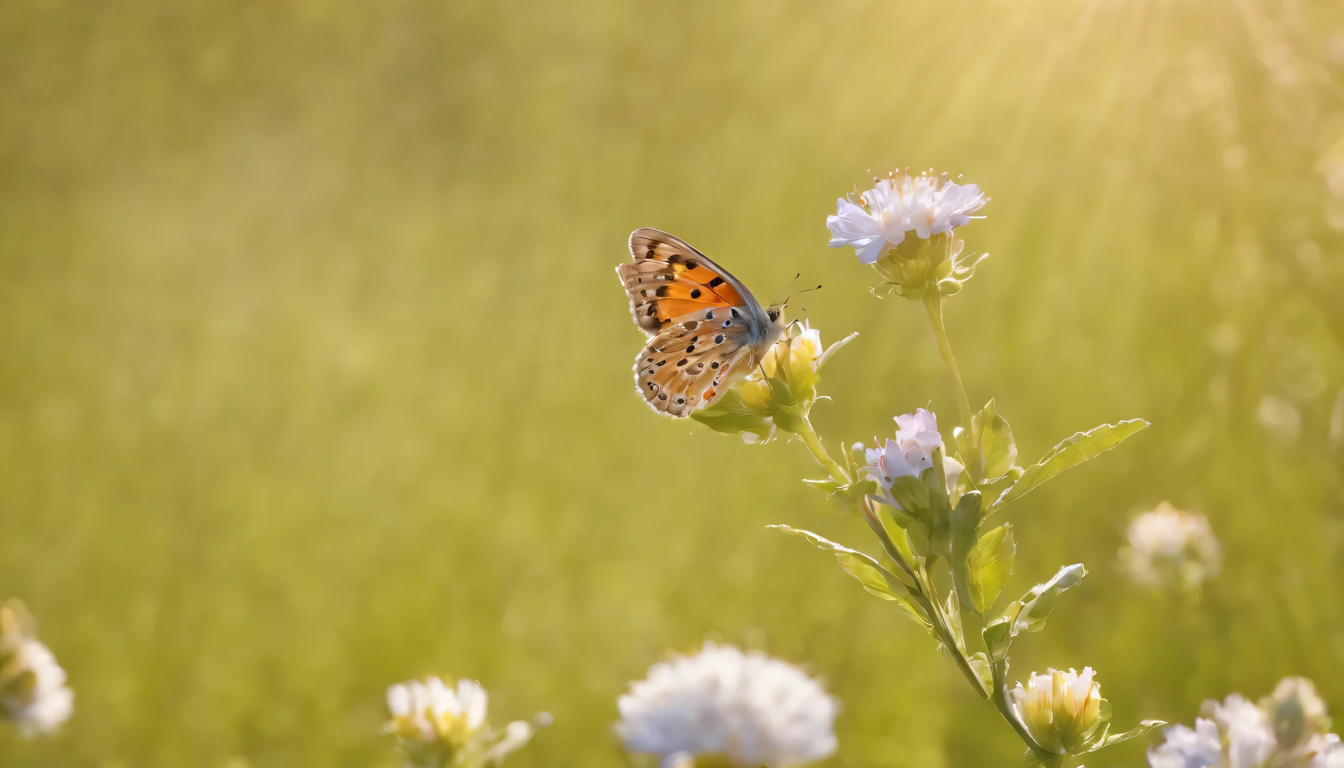 (Highly detailed CG unity 8K wallpaper、masterpiece、highest quality、Super detailed)、(best lighting、best shadow、very delicate and beautiful)、highest quality、8K、Detailed facial depiction、masterpiece、highest quality、clear image quality、
blooming in the spring meadow、wild flowers々Take a photo of the butterflies flying there.。