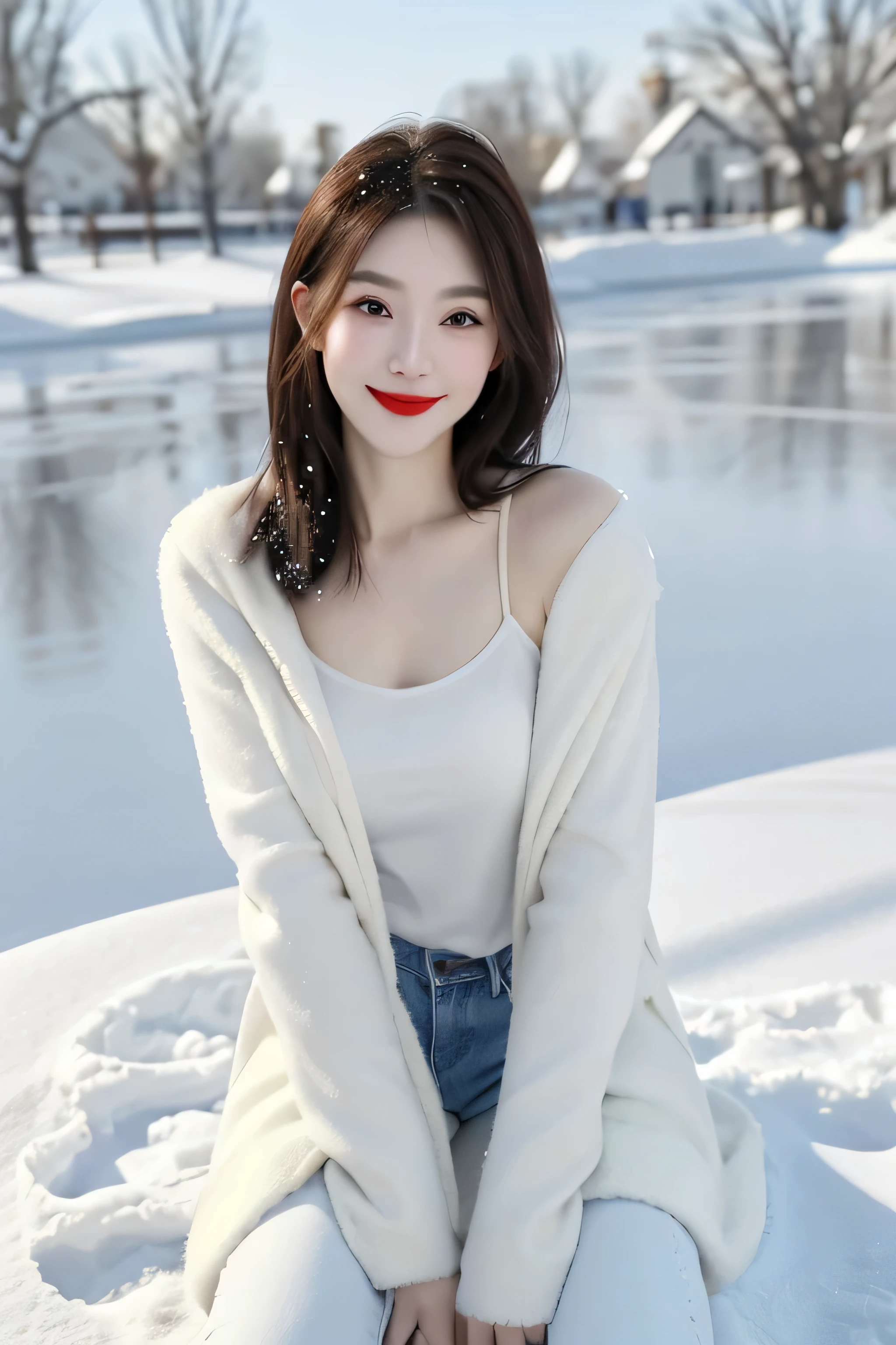 best quality, 4K, 8k, Detailed faces, clear face, a beautiful girl, Korean makeup, red lips,smilingly, Perfect body,Shoulder length straight bob hair,medium breasts,thigh,Slim,thin, Girl wearing large white mink coat, Underneath the coat is a white sweater,jeans, snow scene, Winters, tropical garden,,long hair,snow scene,(Harbin Ice and Snow World Background),