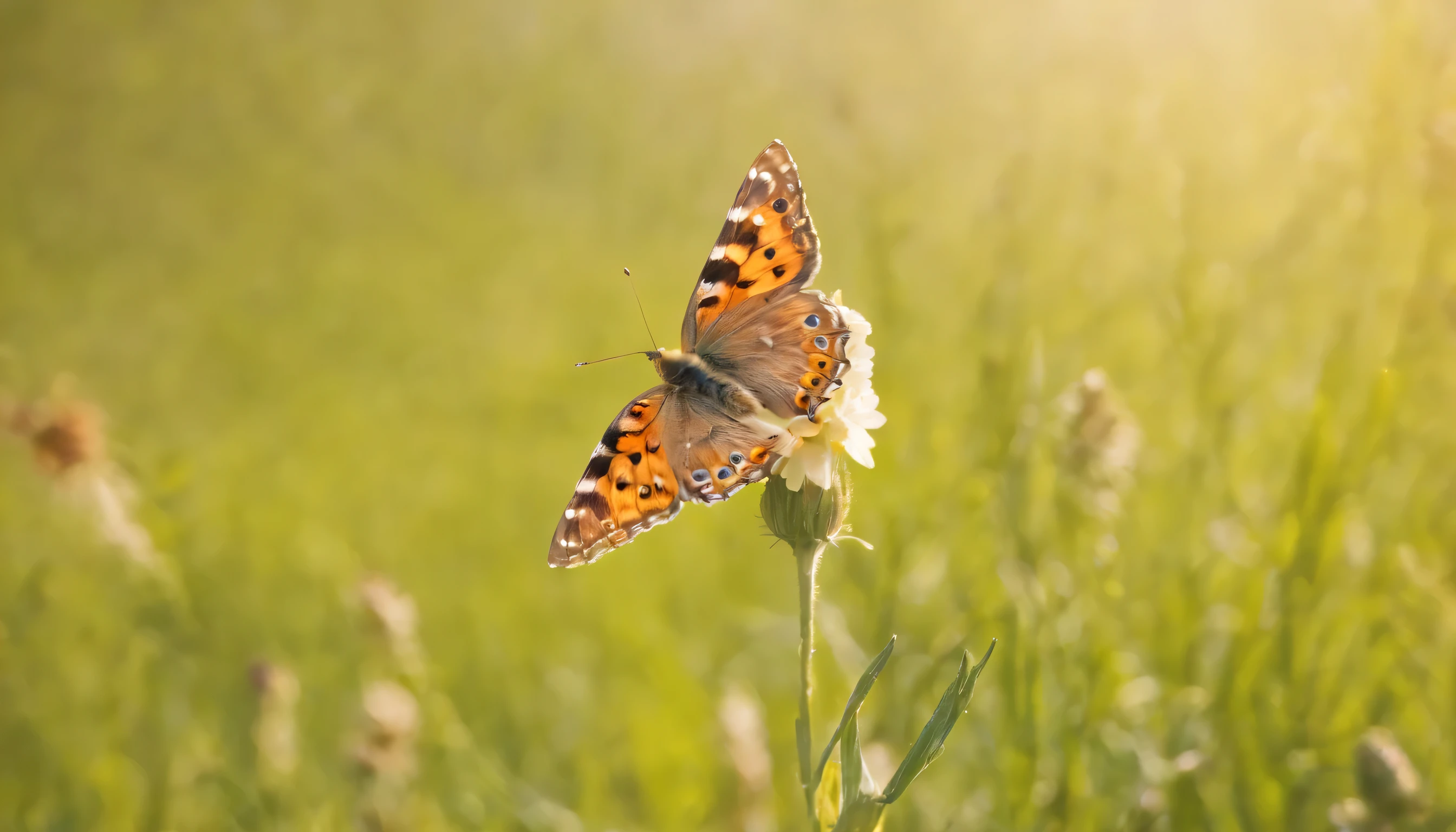 (Highly detailed CG unity 8K wallpaper、masterpiece、highest quality、Super detailed)、(best lighting、best shadow、very delicate and beautiful)、highest quality、8K、Detailed facial depiction、masterpiece、highest quality、clear image quality、
blooming in the spring meadow、wild flowers々Take a photo of the butterflies flying there.。