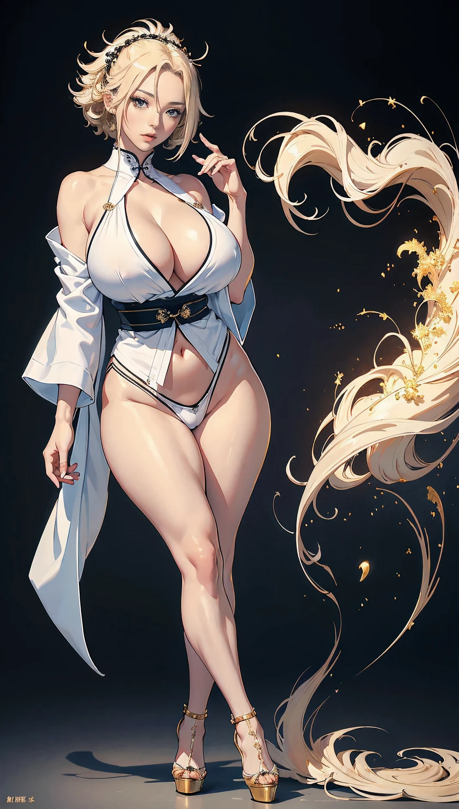 （masterpiece:1.2, highest quality), (highly detailed face, real image, delicate skin tone realistic skin, realistic body,woman１，Authentic Japanese white hakama with attention to detail，Elegant Japanese background，bright golden hair,messy hair,punk rock hair，boyish，full body shot，long eyelashes，expensive，huge cleavage，big bust，oversized erect nipples，fascination pose，big hips, thick chest plate, beautiful feet, and a thin waist，pussy，clearware，whiten skin，high heels