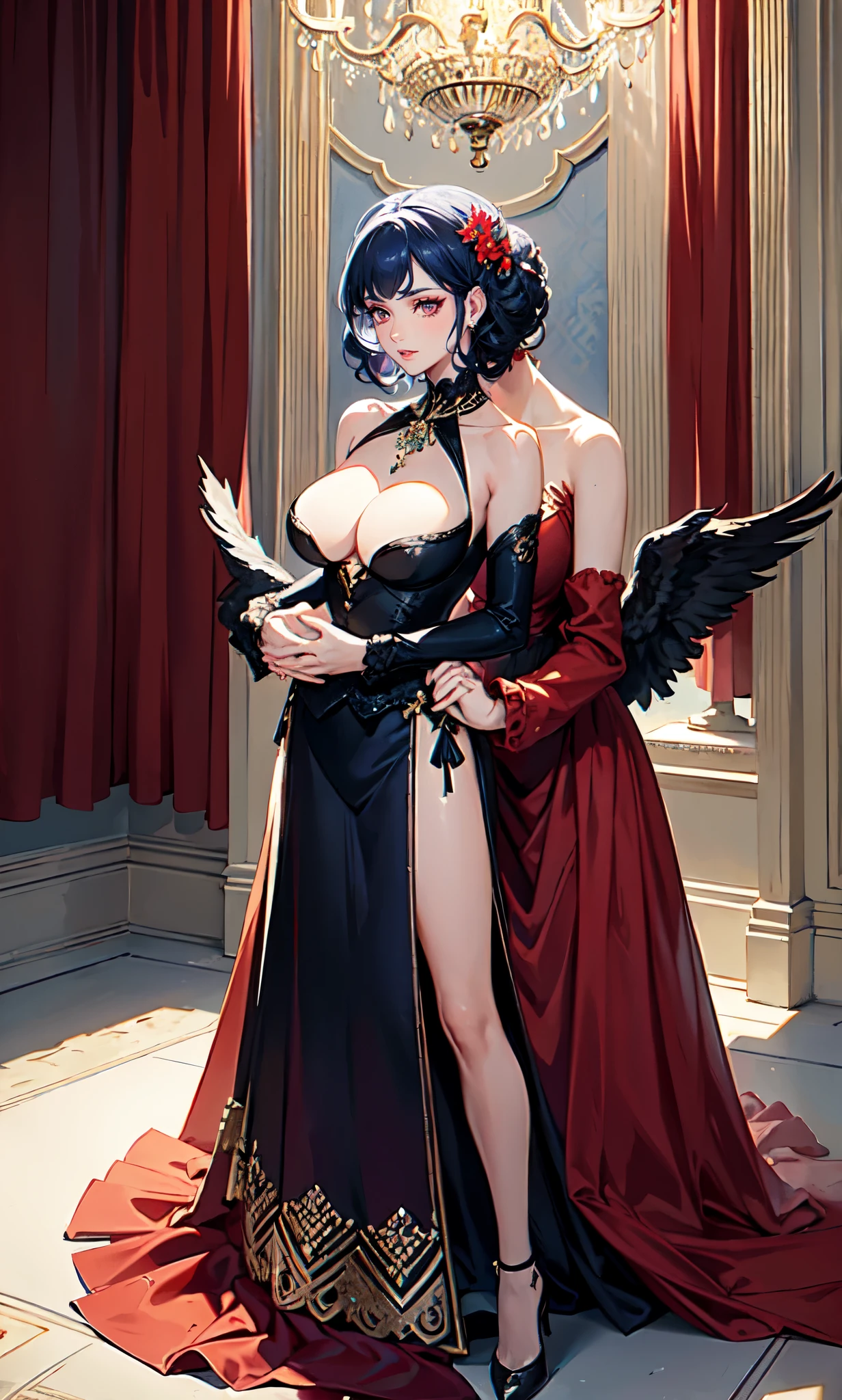 Court background,(Hands together，Hands together:2.0),(dark blue curly short hair：2.0),british palace bun,Standing close-up,dream world,Royal sister,(Slender red red phoenix eyes,eye shadow,long eyelashes),Slender red red phoenix eyes,eye shadow,Contact lenses,Jade necklace,(Off the shouldersBaroque skirt,Off the shoulders,Widen hem,Shredded flower cloth：2.0),(big breast)ballroom background,(soft light and shadow：1.9),Intricate body jewelry,High heeled dancing shoes,Detailedly drawn backgrounds