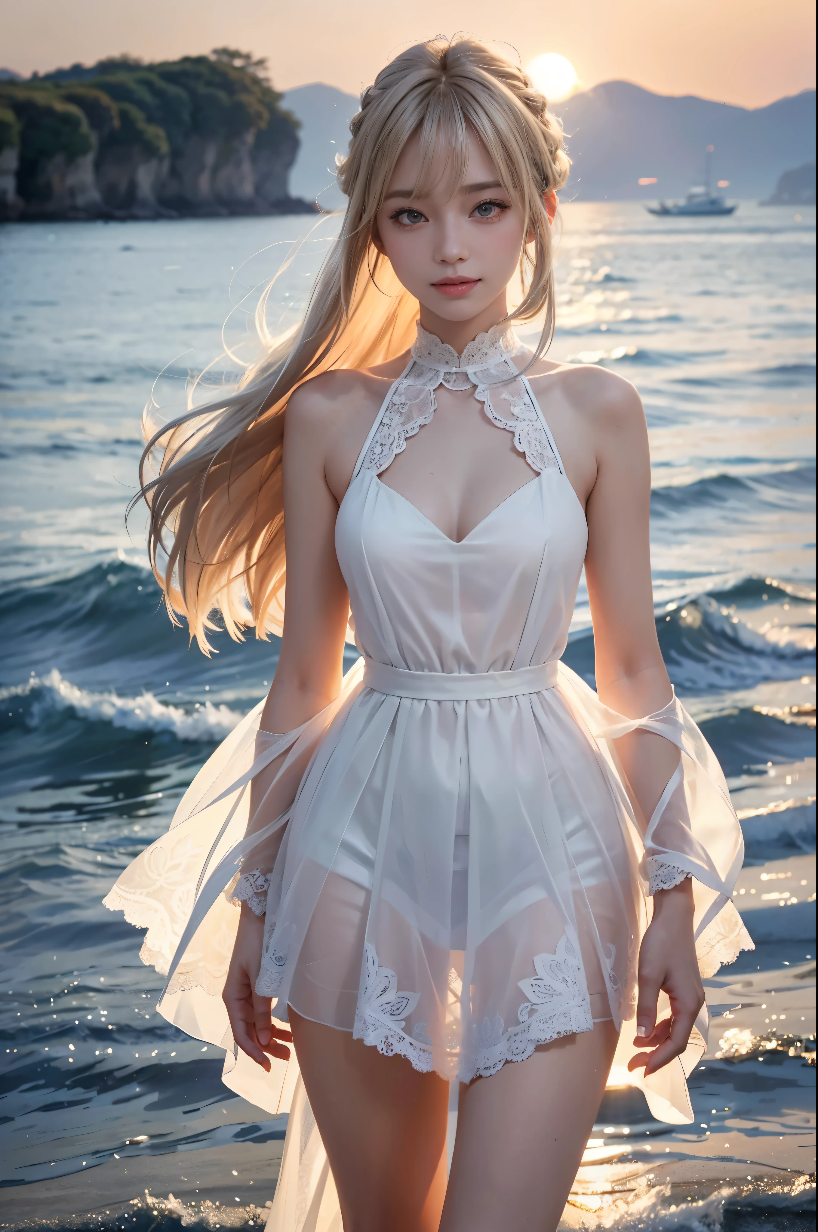 a -yeld girt sea side, wearing white and pink transparent lace, eyeball, tears, smile, grin, longeyelashes, Verism, depth of field, ray tracing, reflection light, UHD, textured skin, super detail, high details, high quality, anatomically correct