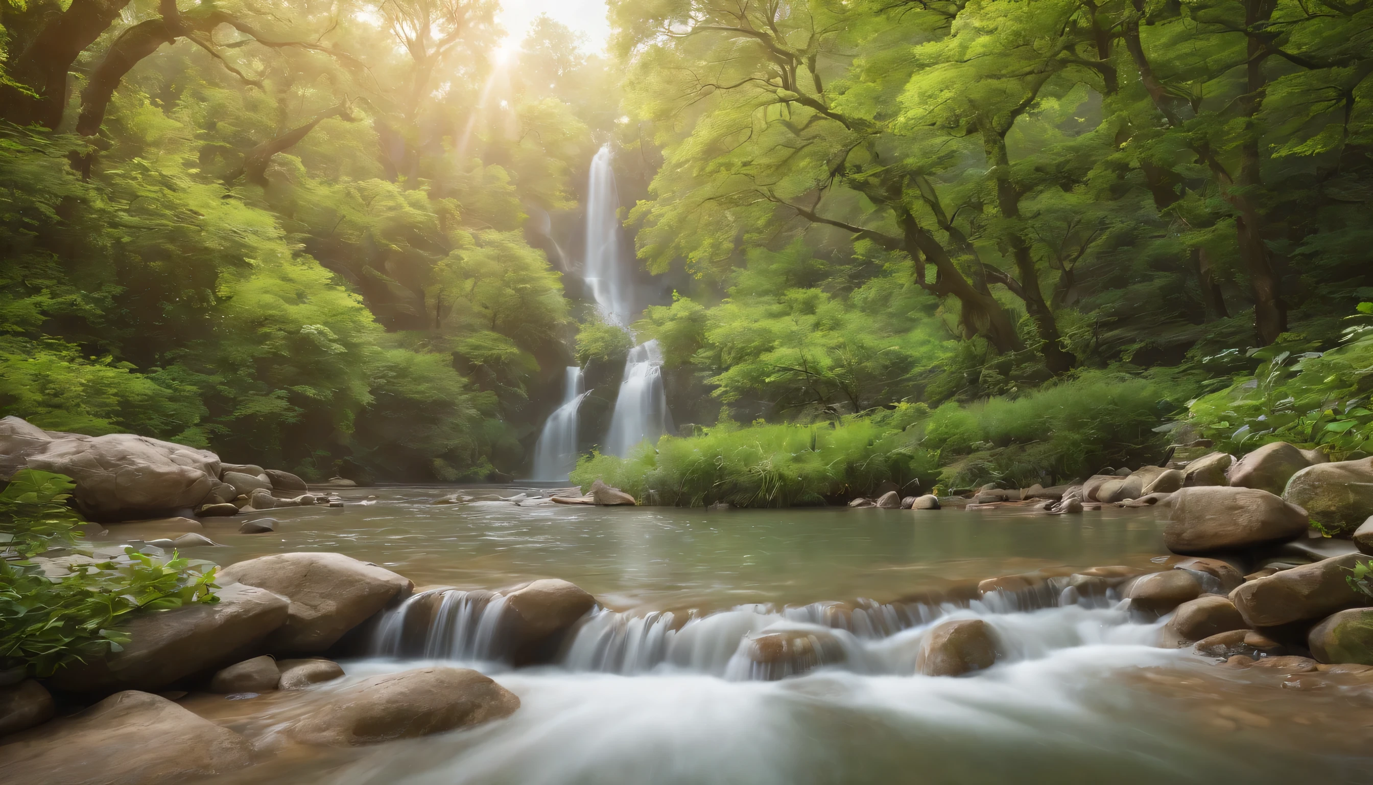(Highly detailed CG unity 8K wallpaper、masterpiece、highest quality、Super detailed)、(best lighting、best shadow、very delicate and beautiful)、highest quality、8K、Detailed facial depiction、masterpiece、highest quality、clear image quality、
On the riverbank in spring、fresh green tree々Take photos surrounded by small waterfalls。。