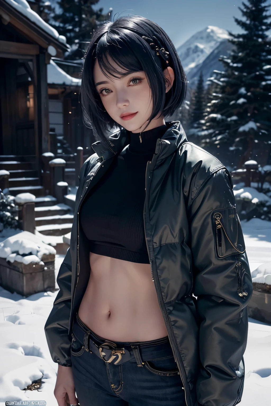 long sleeved puffer parka, long jeans, belt, ((midriff, navel)), looking at viewer, garden, mountains, smile, ((cinematic lighting, masterpiece, anatomically correct, detailed textured skin, high details, highres, HD, 4K, 8k)), (kujou sara:1.3), mask on head, blue hair, short hair, yellow eyes,